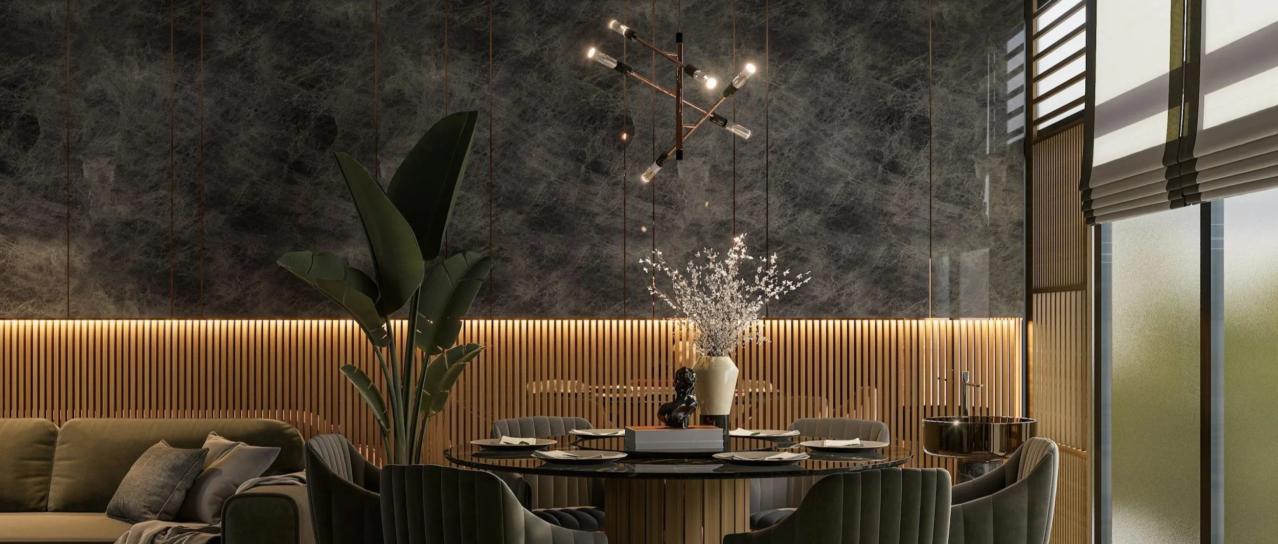 Moody modern organic interior design featuring a luxury dining area with wood slat walls and ambient lighting in luxury home