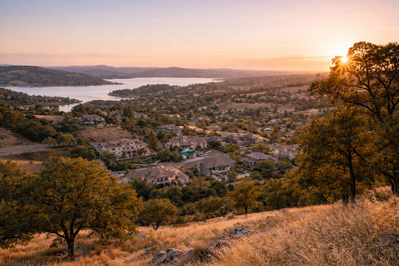 Panoramic view of the rolling hills and luxury estates overlooking Folsom Lake in El Dorado Hills, CA