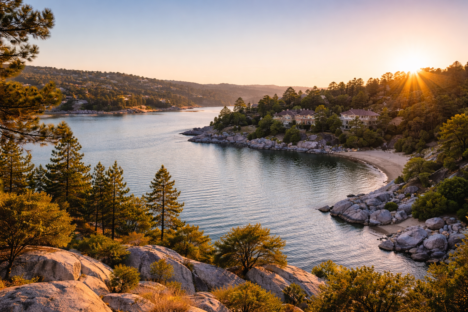 Scenic view of Folsom Lake shoreline in Granite Bay, CA, highlighting luxury waterfront real estate.
