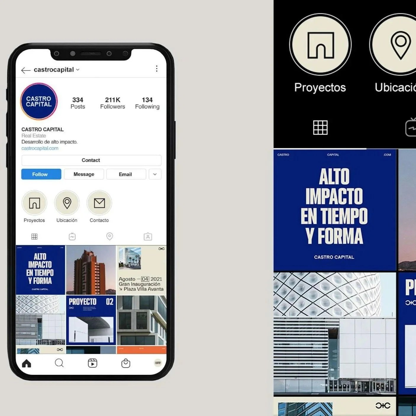 Instagram profile page of Castro Capital, a real estate company, showcasing their posts and projects, with a visual theme emphasizing high impact in design and construction.