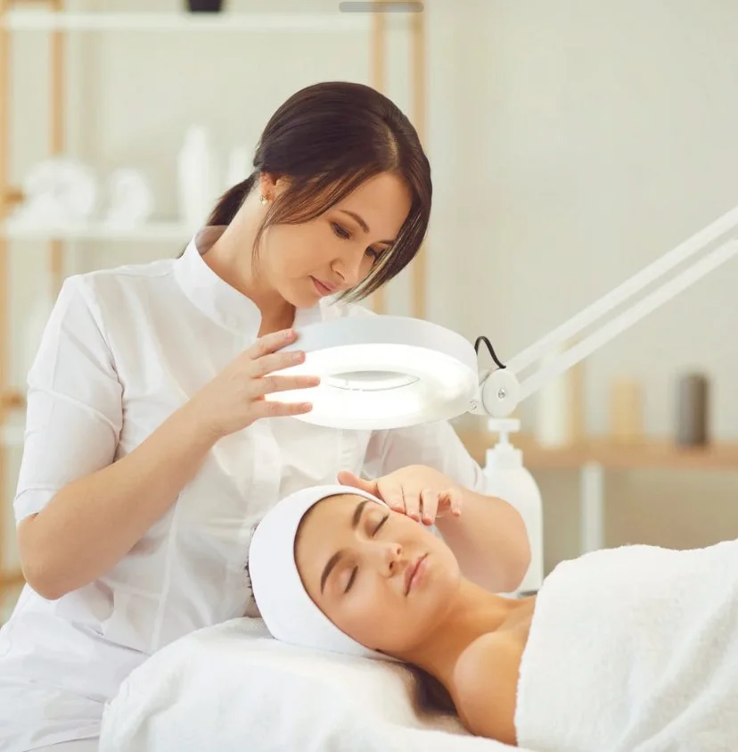 Une esthéticienne effectue un soin du visage à une femme allongée, dans un salon de beauté.