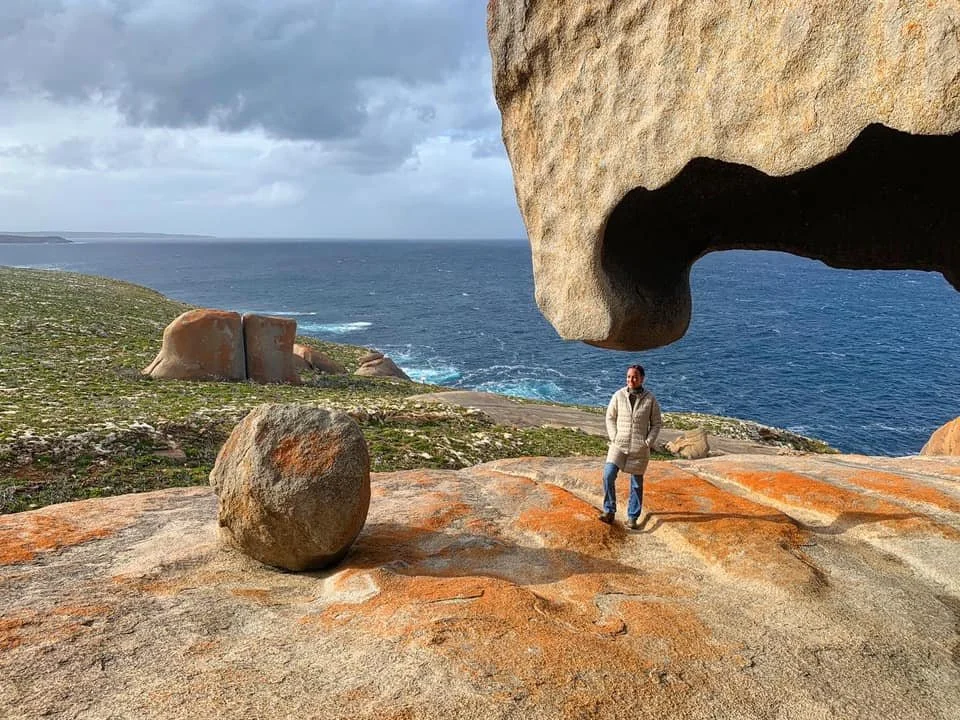 Writer Bianca Bujan visiting the iconic Remarkable Rocks site in South Australia.