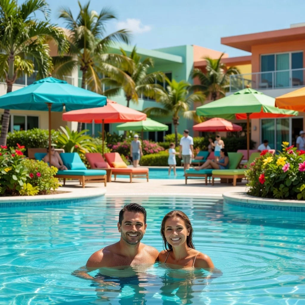 colorful family resort with pool loungers palm trees