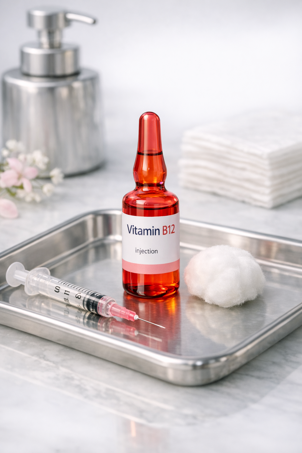 A vial labeled 'Vitamin B12 injection,' a syringe, a cotton ball, and white towels on a metal tray in a clinical setting.