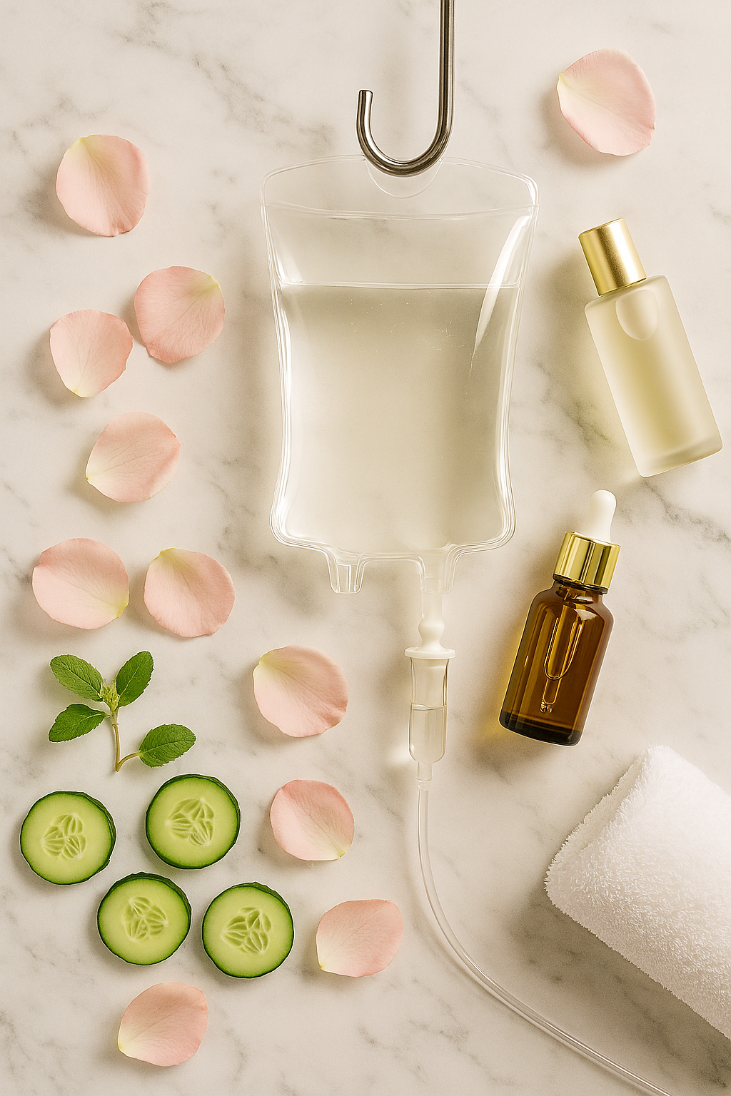 Iv drip bag with rose petals and essential oils