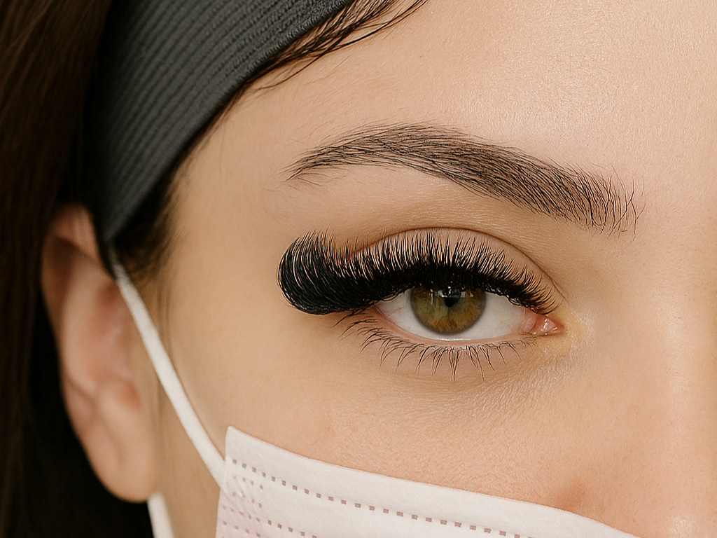Close-up of a woman wearing a gray headband and a white face mask, showing her eye with long, thick eyelashes and well-groomed eyebrows.