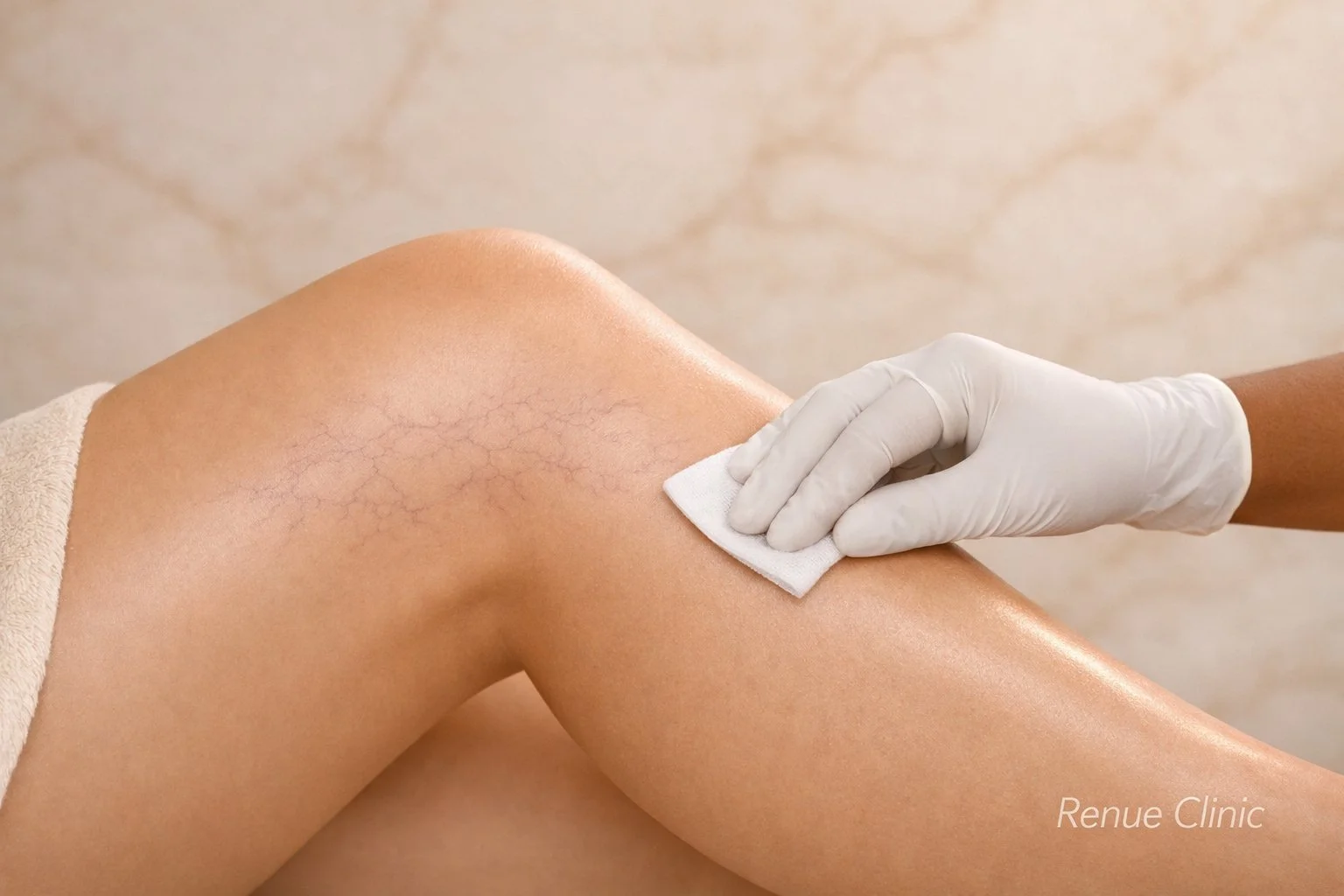 A person wearing a white glove is using a cotton pad to treat their leg, which has visible varicose veins, in a medical setting.