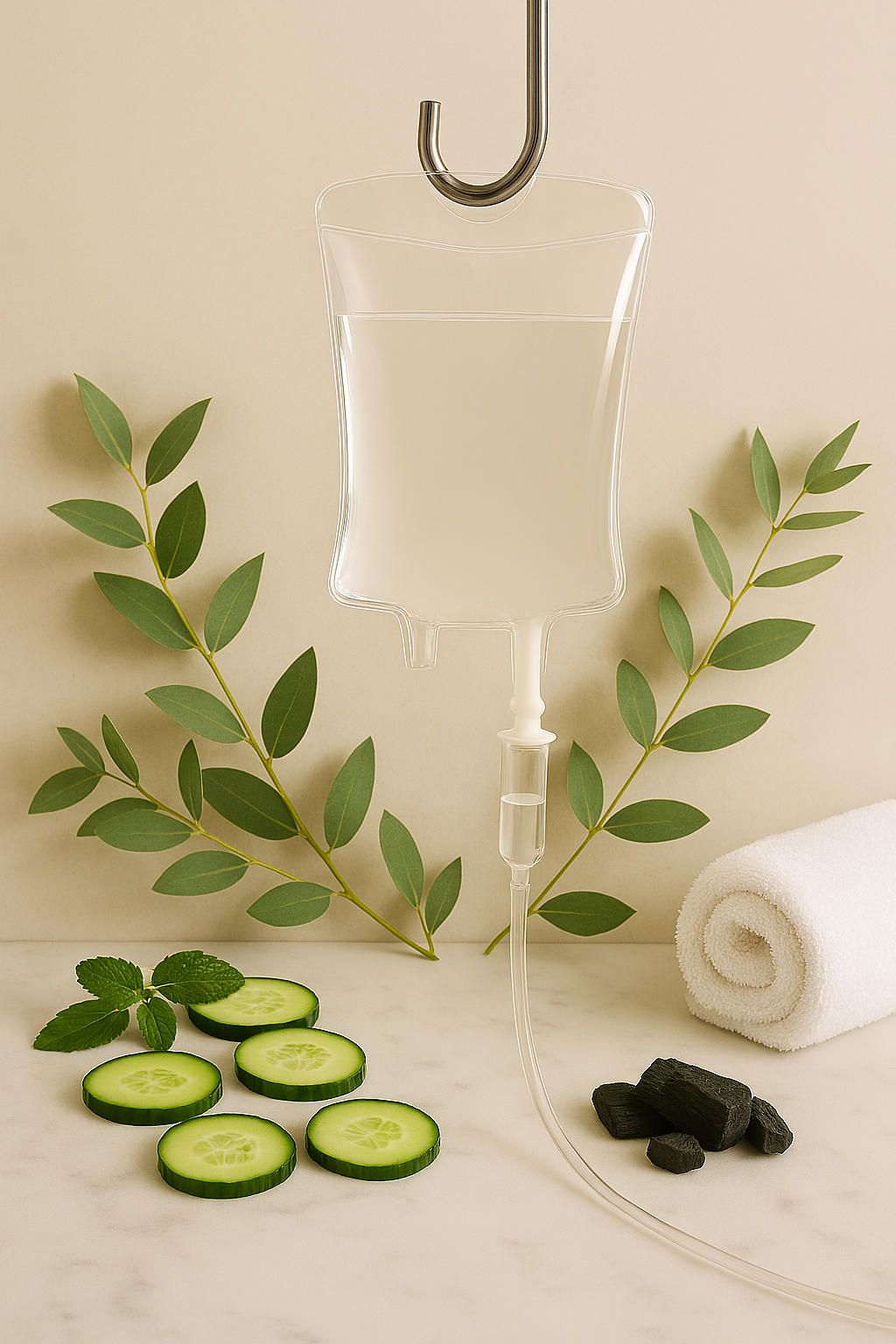 A clear IV drip bag filled with a transparent liquid hanging from a metal hook, with cucumber slices, green leaves, a rolled white towel, and black charcoal stones arranged around it.