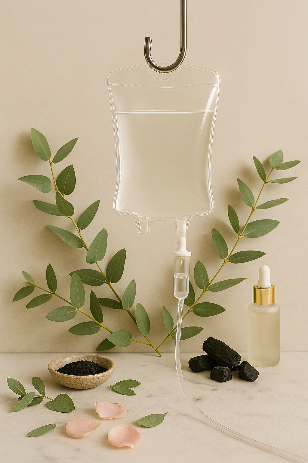 An IV drip filled with clear liquid hangs from a hook, surrounded by green leaves, a small bowl of black powder, a dropper bottle with a white cap and gold accent, and pieces of charcoal on a light background.