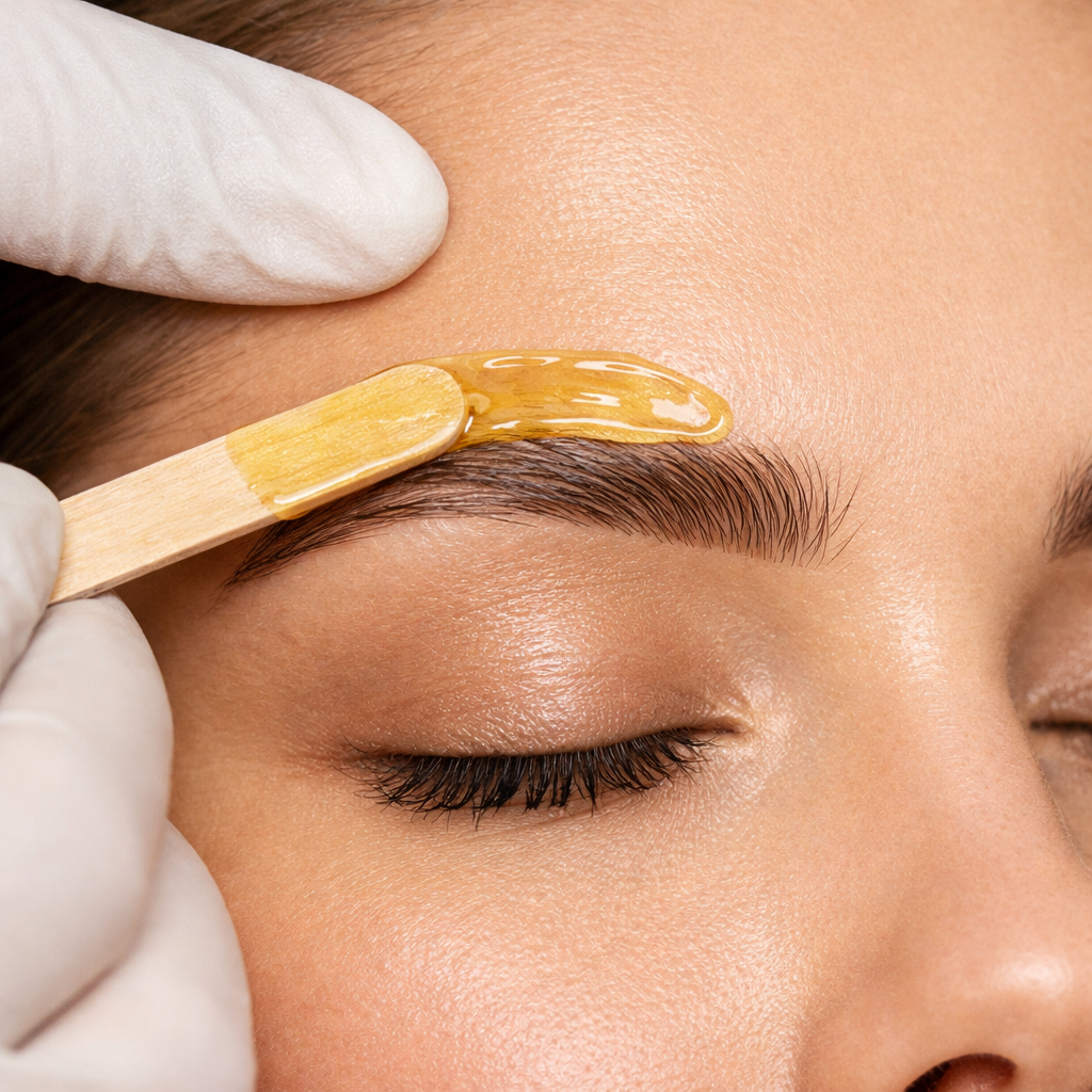 A person is getting eyebrow waxing, with wax being applied to their eyebrow area by a stylist wearing gloves.