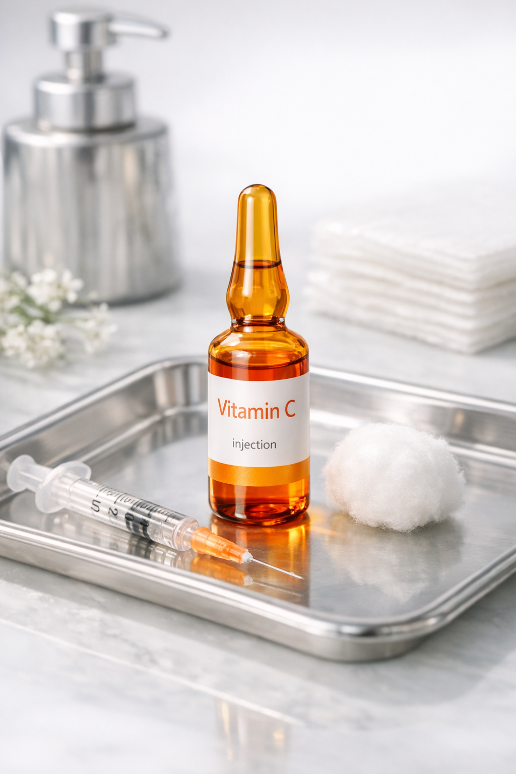 A small amber glass vial labeled 'Vitamin C injection' on a medical tray with a syringe, a cotton ball, and a stack of gauze in the background.