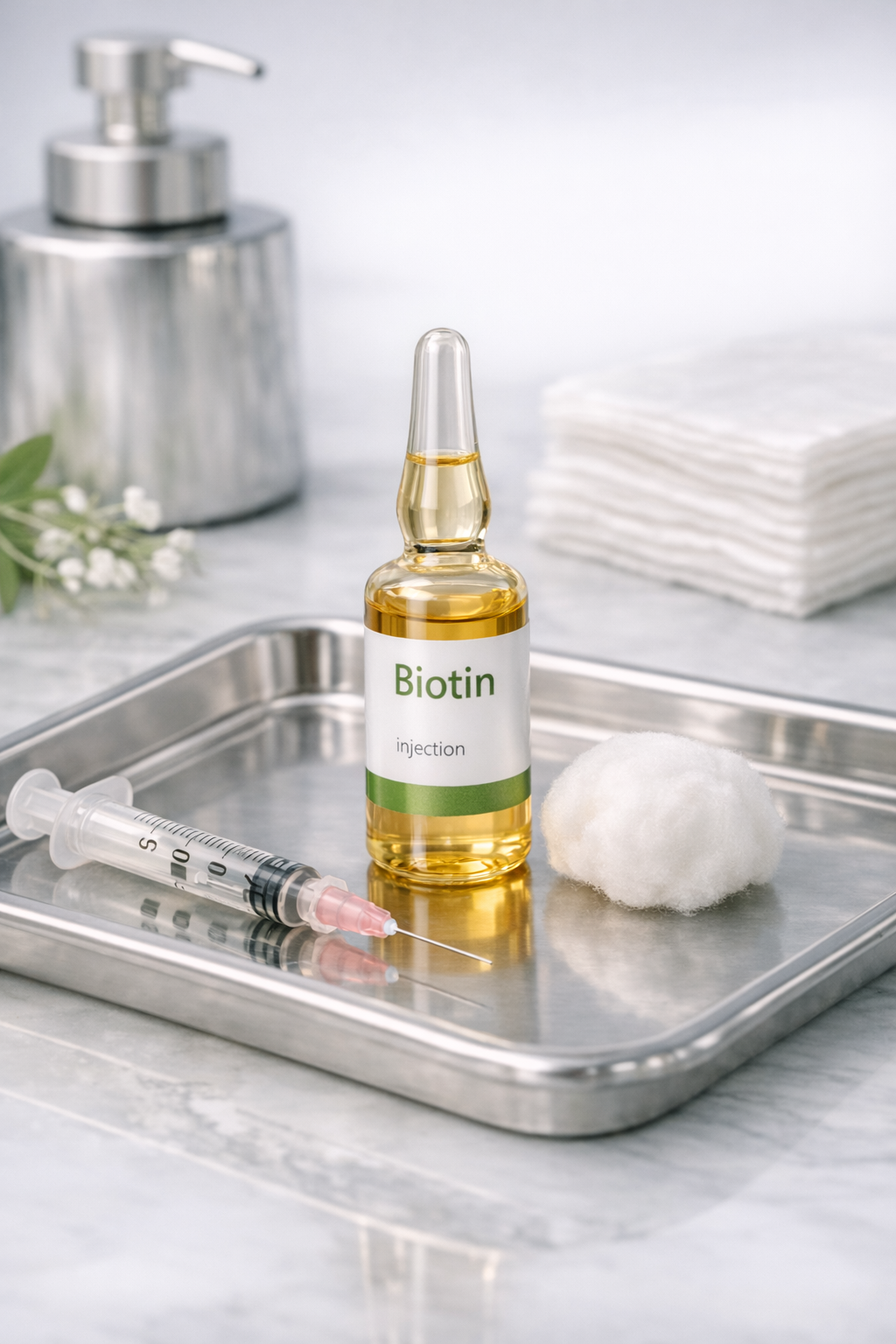 A vial labeled 'Biotin injection' placed on a stainless steel tray with a syringe nearby. There is a cotton ball on the tray, and in the background, there are folded white towels, a flower, and a stainless steel pump bottle.