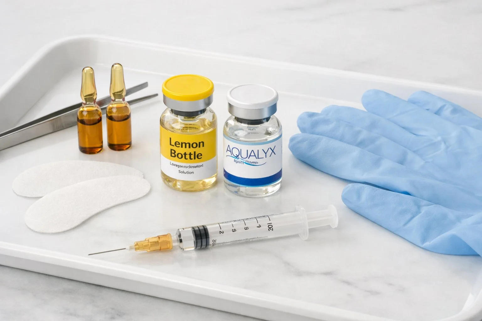Medical supplies on a white tray, including two small amber vials, a yellow-capped bottle labeled Lemon Bottle, a blue-capped bottle labeled Aqualyx, a syringe, blue latex gloves, and some white patches or pads.