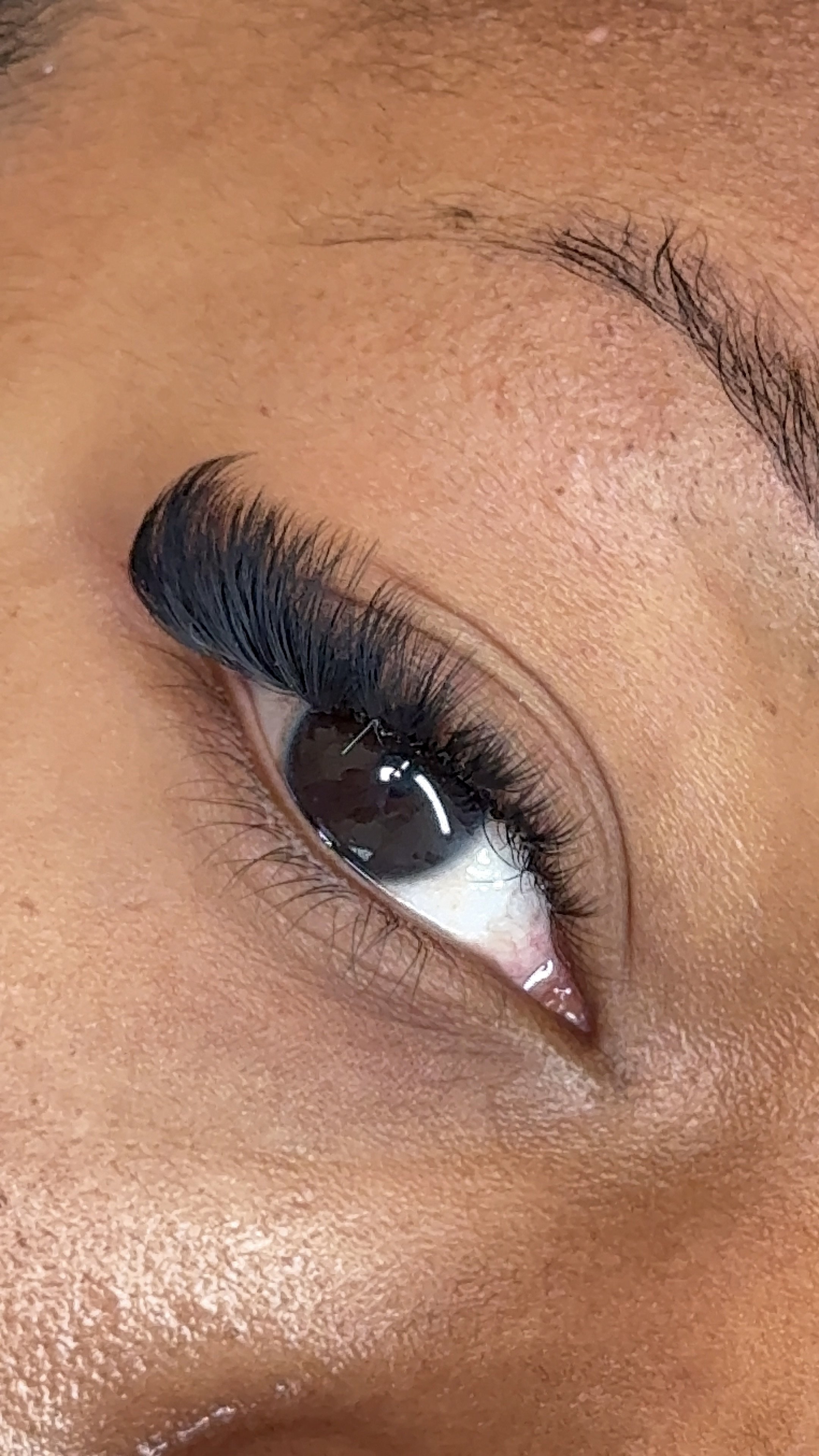 Close-up of a woman's eye with long, thick black eyelashes and well-groomed eyebrow.