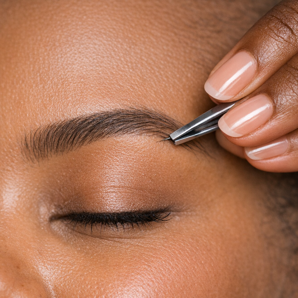 Close-up of a person getting an eyebrow manicure, with a hand using tweezers on their eyebrow.
