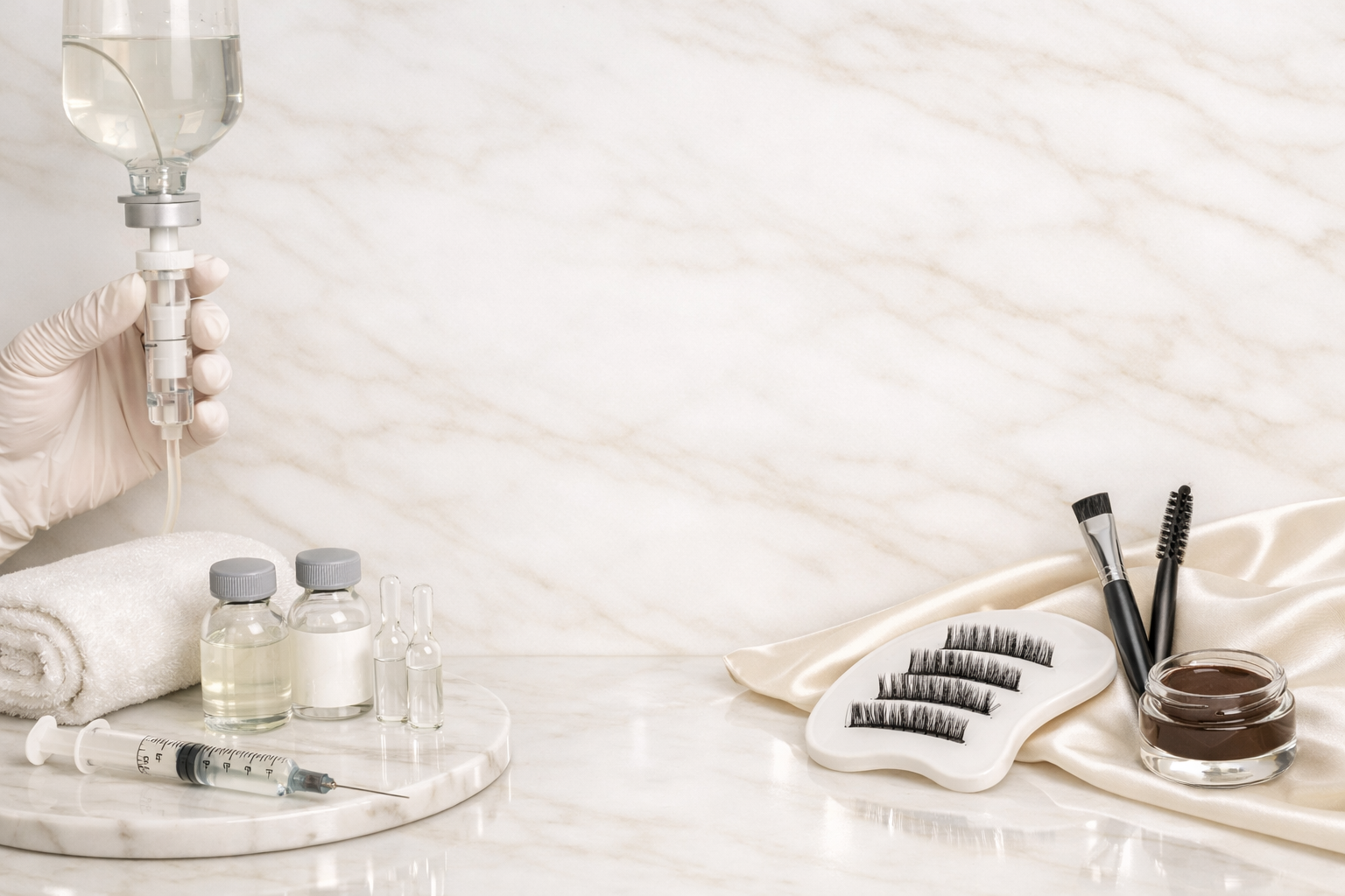 A hand wearing a glove holds an IV drip set above a marble surface, with small bottles and vials, a syringe, and rolled towel nearby. On the right, there are eyelash extension tools, including a small jar of adhesive, eyelash extensions on a white tray, and two brushes, all placed on a light satin fabric.