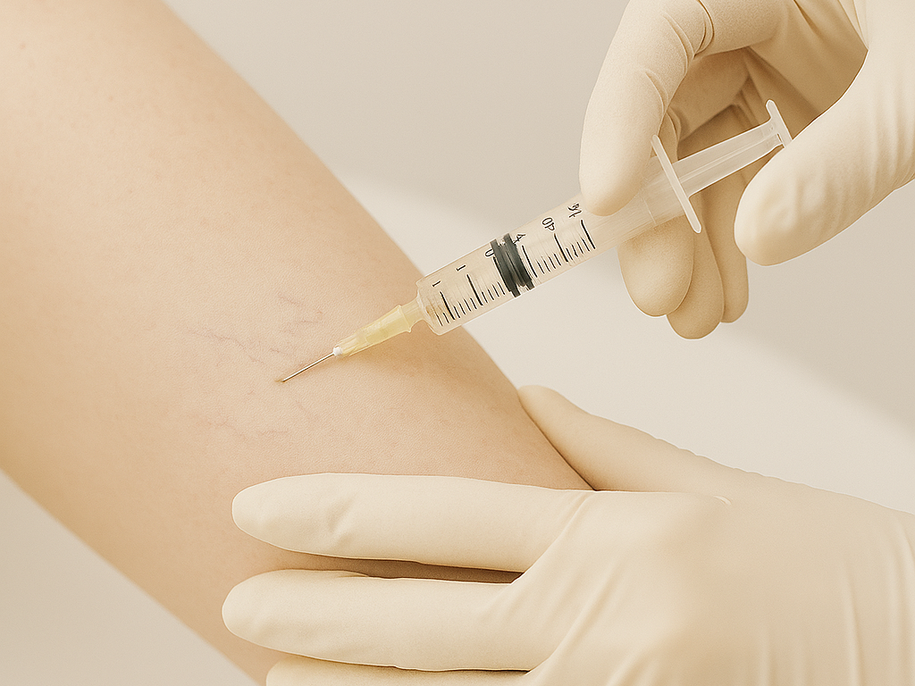 Close-up of a person's arm receiving a medical injection with a syringe, administered by a healthcare professional wearing gloves.