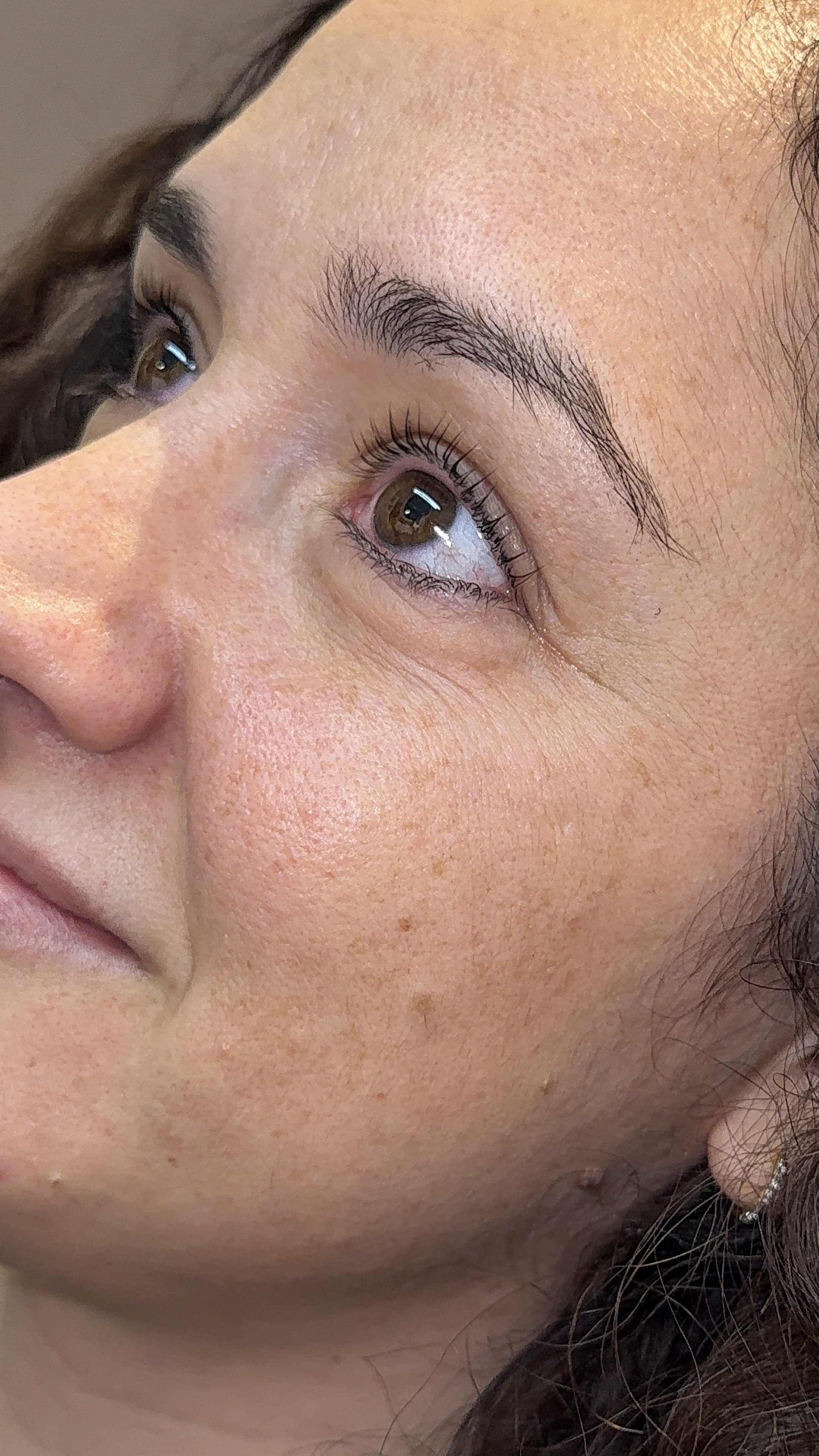 Close-up of a woman's face focusing on her right eye and cheek, showing brown eyes, well-groomed eyebrows, clear skin with freckles, and part of her nose and lips. Showcasing the Korean Lash lift service. Beautiful lifted lashes .