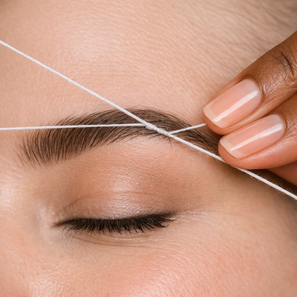 Close-up of a person’s closed eye during an eyebrow threading procedure, with a practitioner's hand holding a white thread near the eyebrow.
