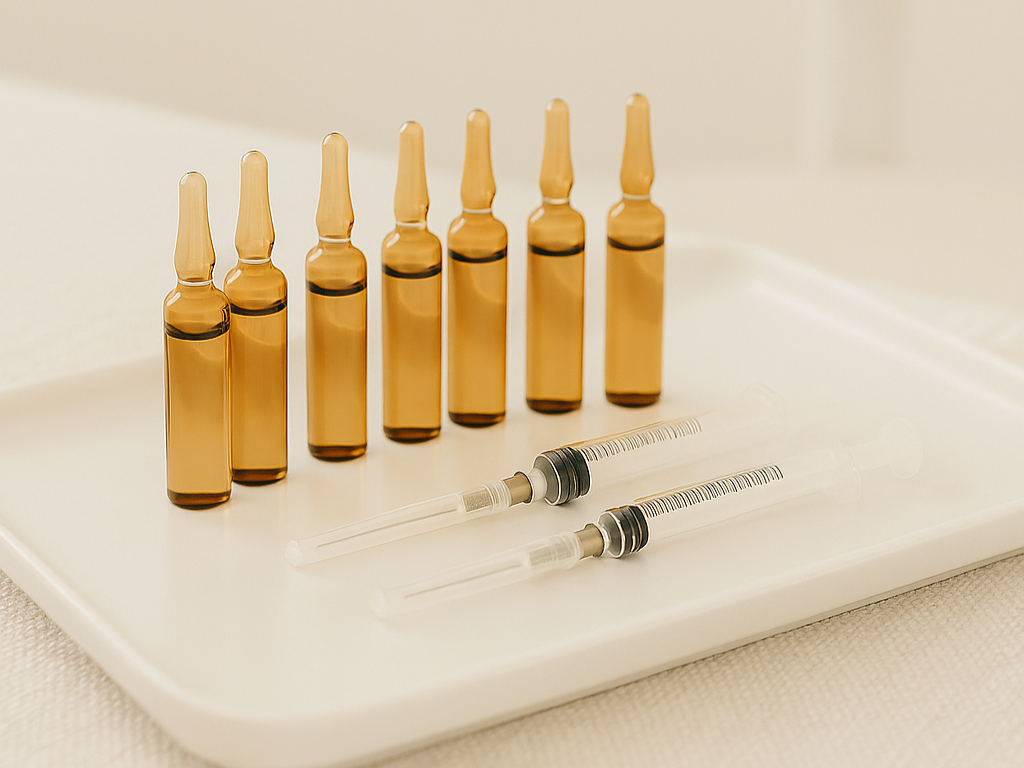 Seven small amber glass ampoules and two syringes with clear liquid on a white tray.
