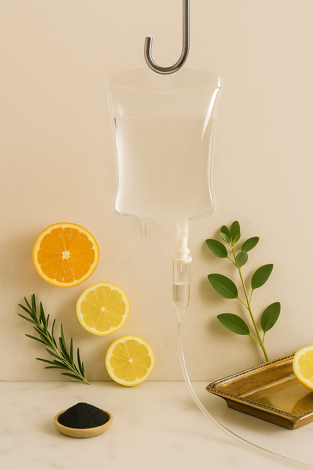 A medical IV drip bag hanging from a hook, surrounded by slices of lemon and orange, a sprig of rosemary, a green leafy branch, a small dish of black powder, and a gold tray, all arranged on a light background.