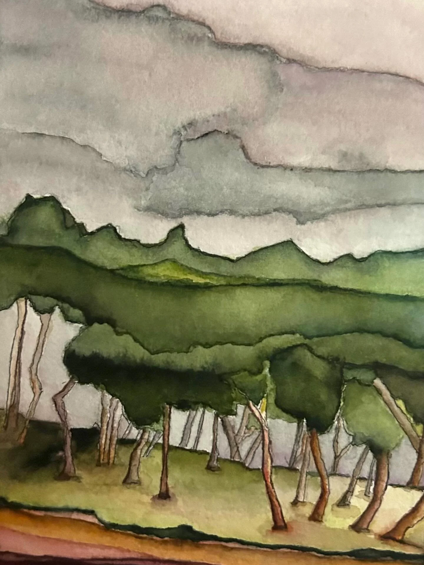 Above  Fort Pond Bay; watercolor on paper; 13H&rdquo; x 10&rdquo; W