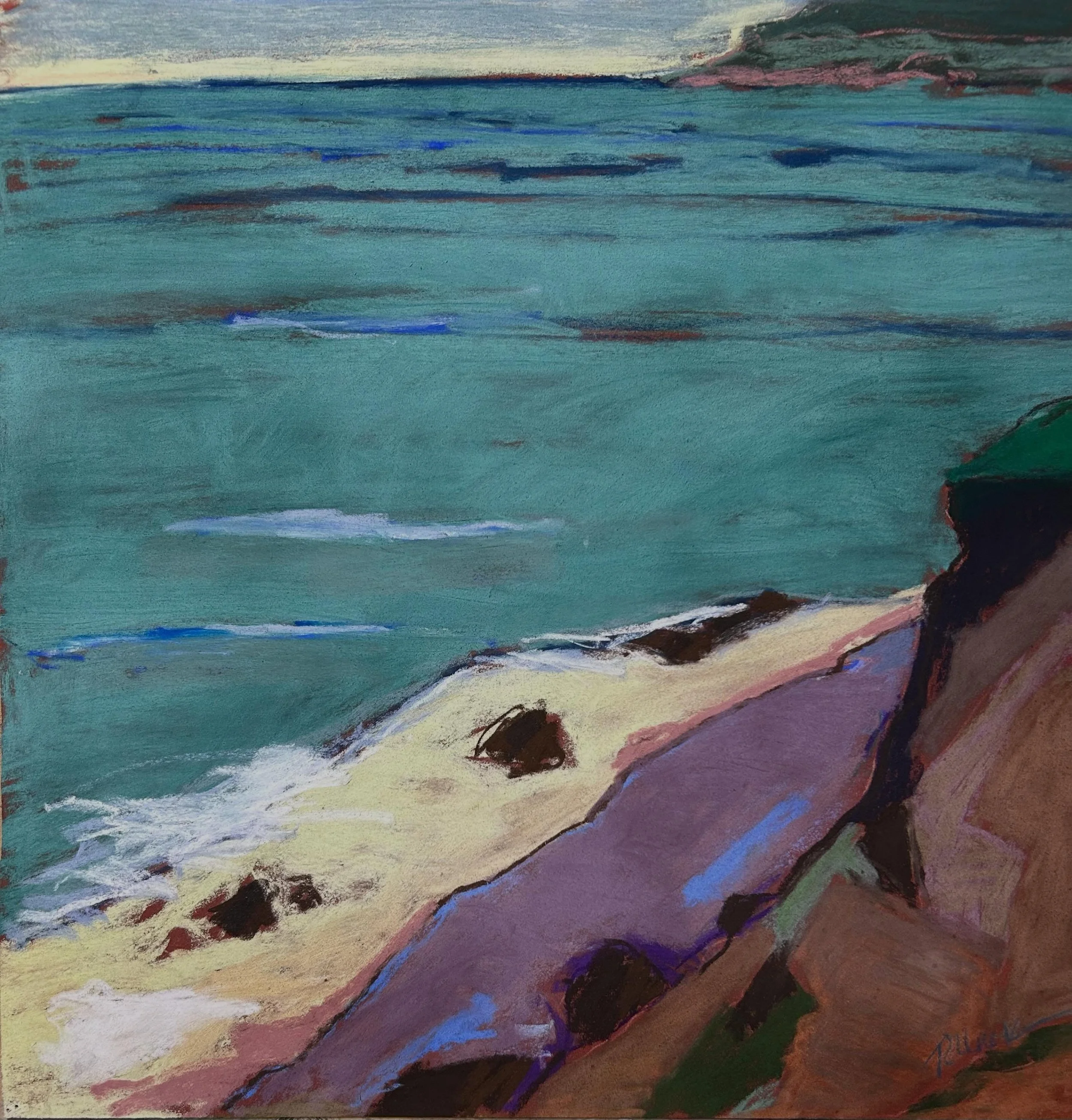Montauk Cliffs at Camp Hero; pastel on paper;  26&rdquo; #H x 26&rdquo;W framed