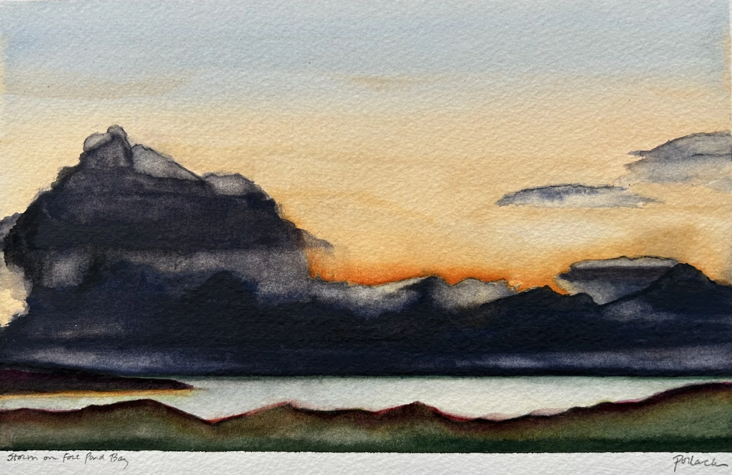 Storm over Fort Pond Bay; watercolor on paper; 10”H x 14”W framed
