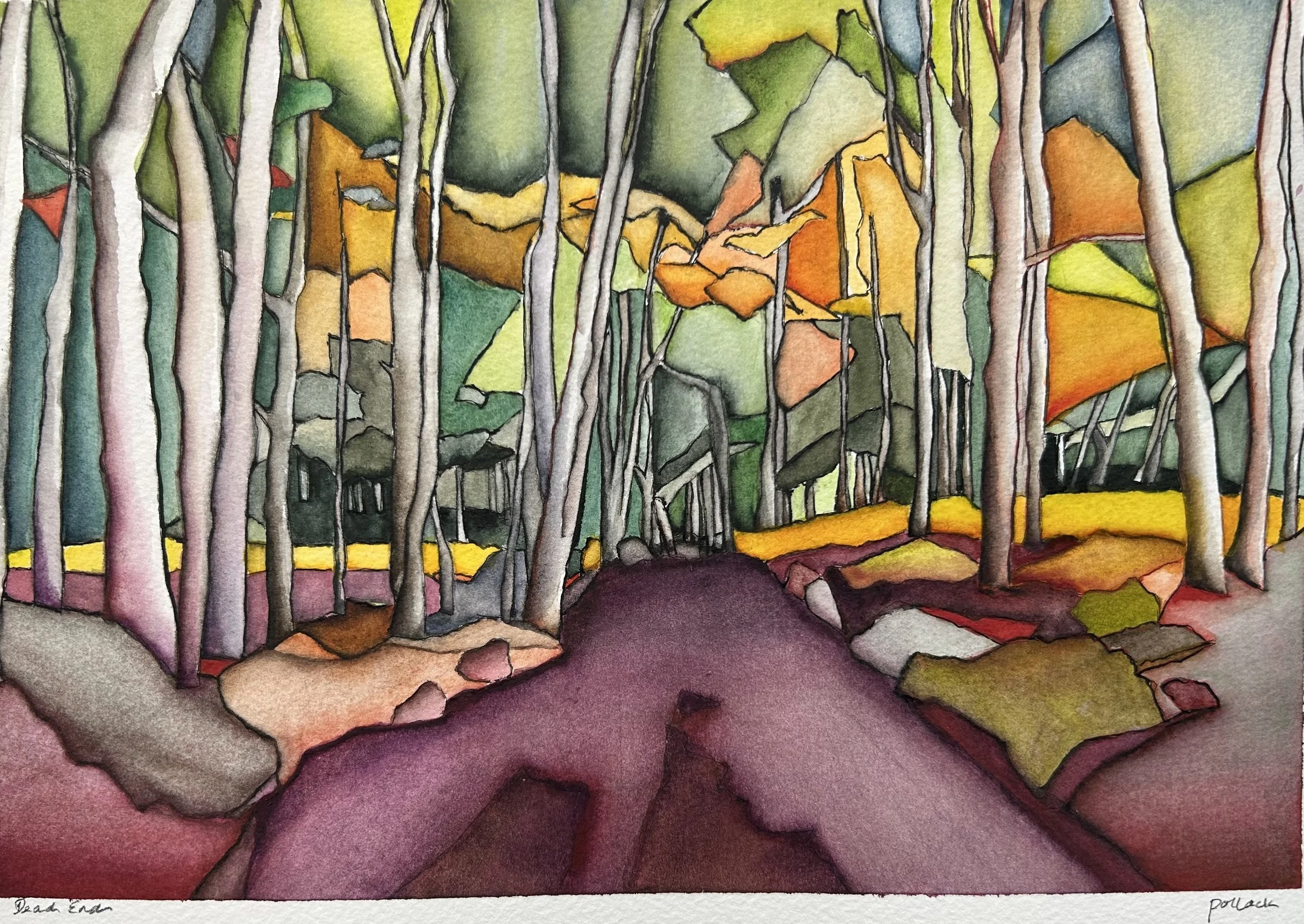 Hither Woods Preserve: Dead End; Watercolor on paper; 16”H x 20” W framed
