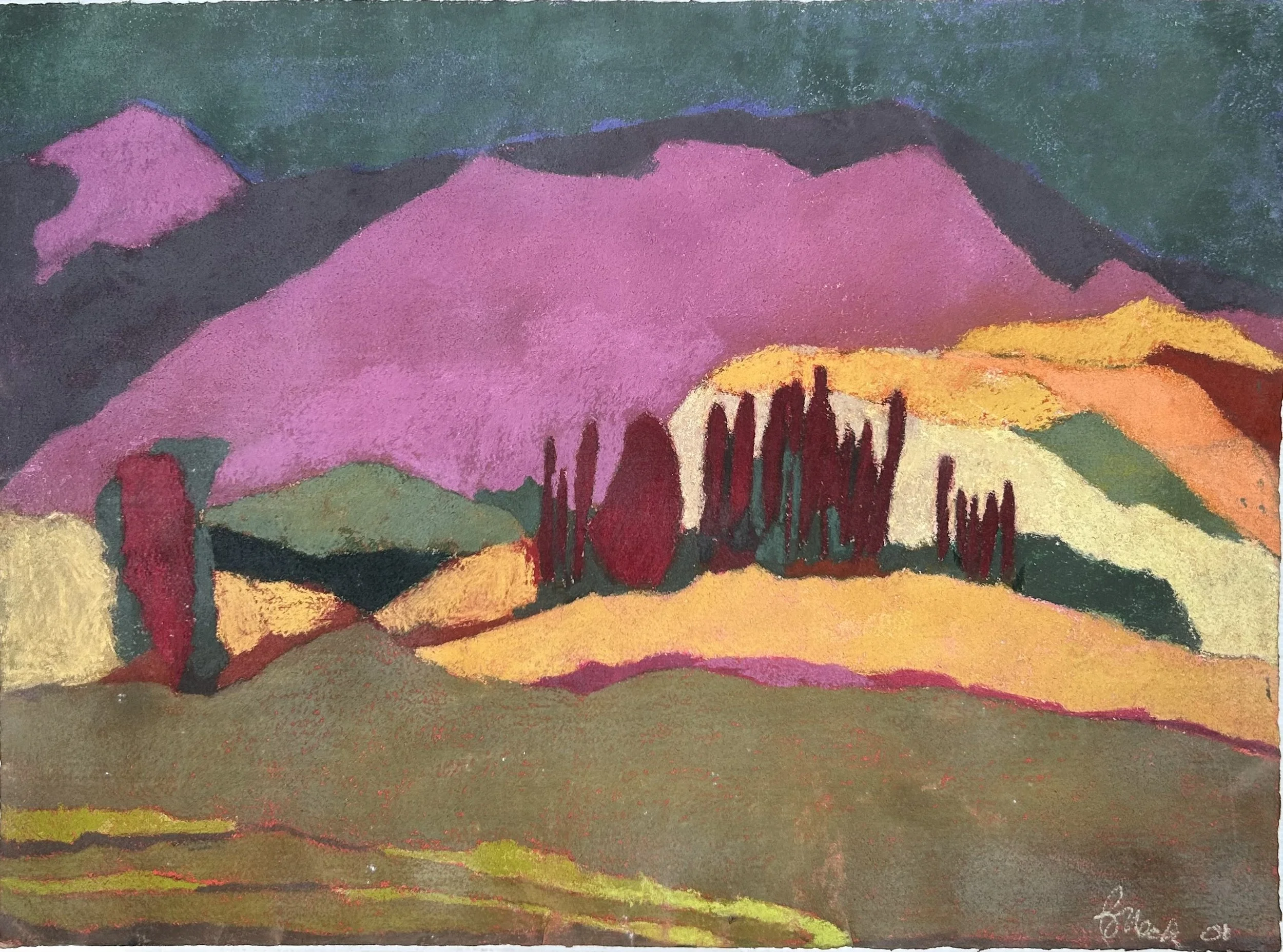 Red trees: pastel on paper; 25.5”H x  33.5”W (framed) 
