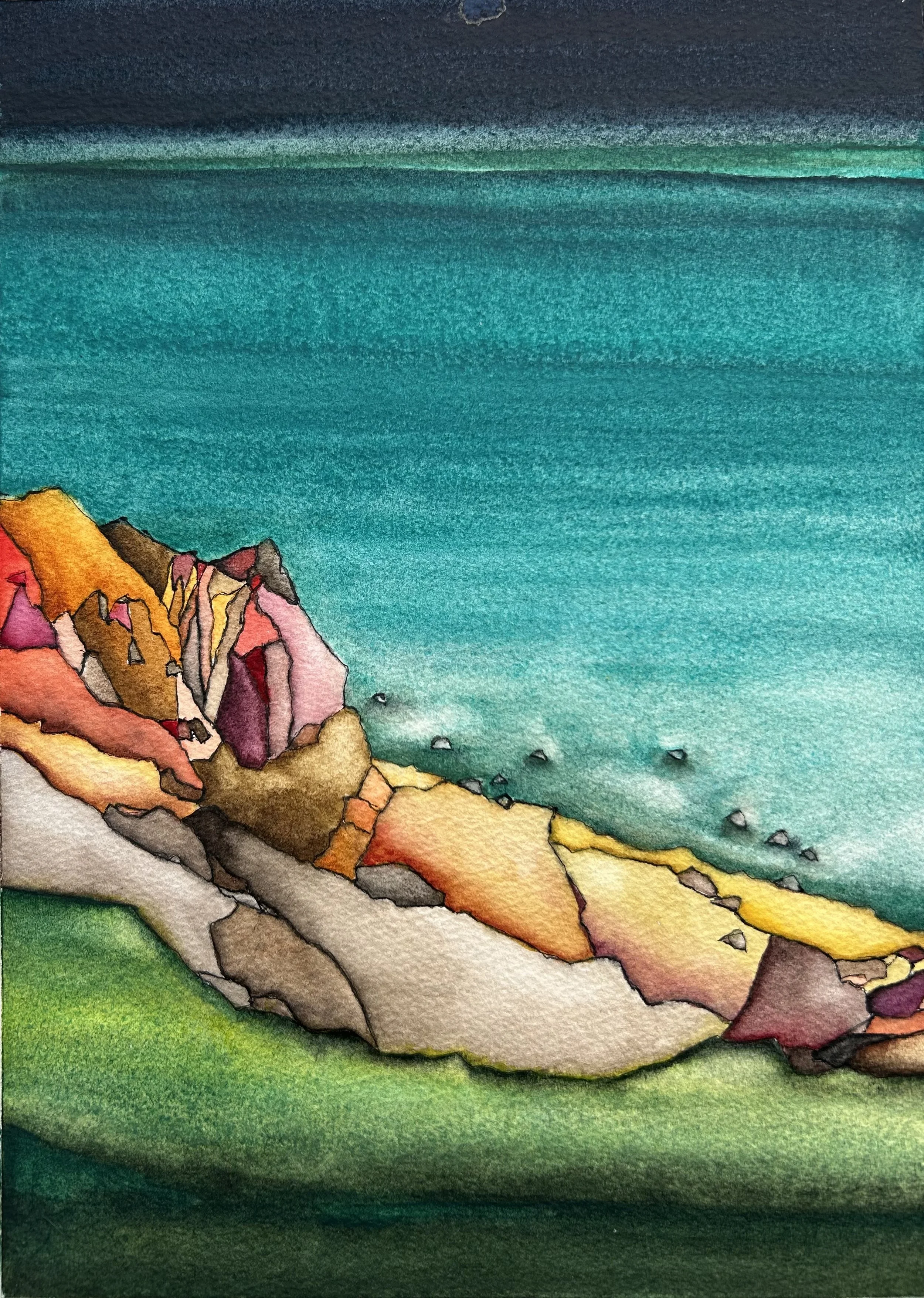Montauk Cliffs; Watercolor on paper; 16”H x 13” W framed
