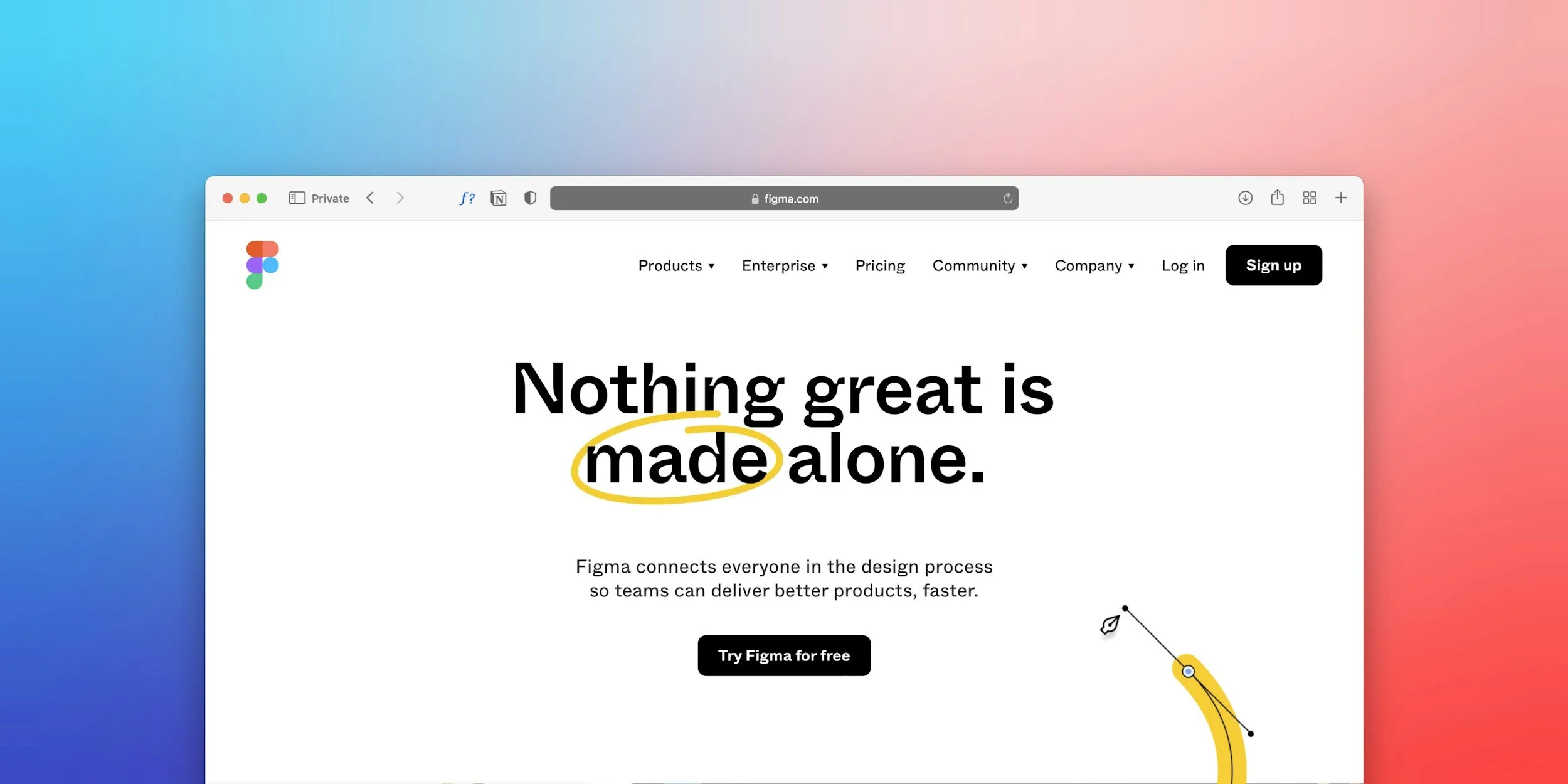 Screenshot of Figma website homepage with the message 'Nothing great is made alone' and a 'Try Figma for free' button, with a colorful gradient background.