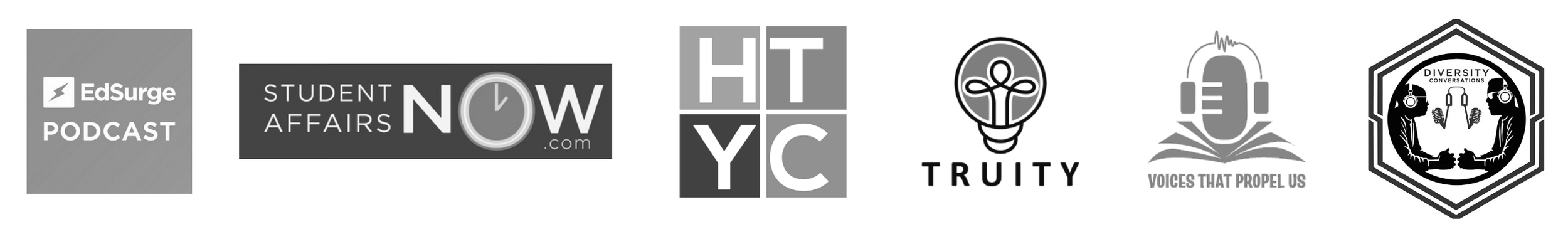 A row of black and white logos for various podcasts and media outlets, including EdSurge Podcast, Student Affairs Now, HTYC, Truity, Voices That Propel Us, and Diversity Conversations.