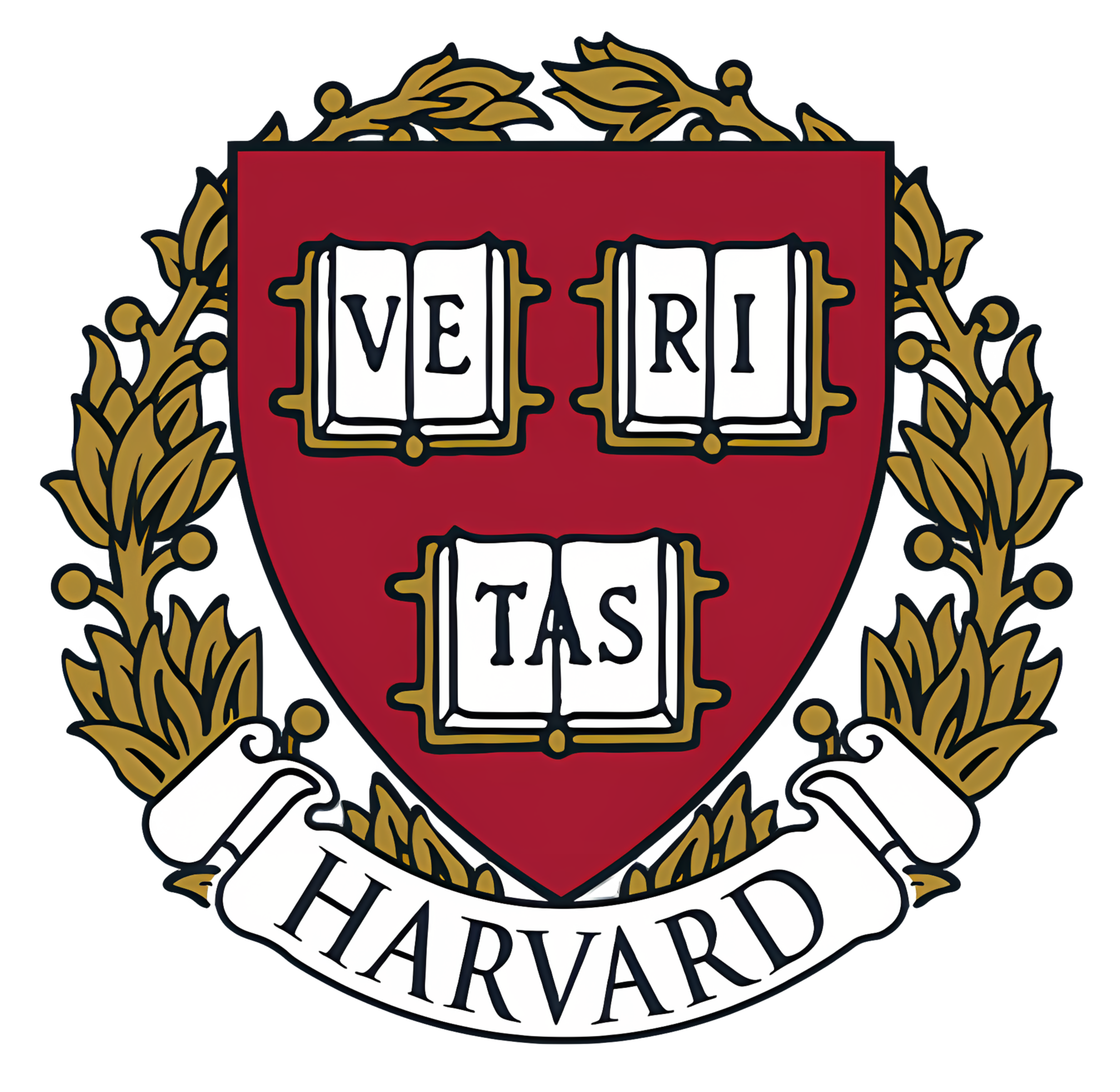 Harvard University shield with the Latin motto 'Veritas' inside a red shield, surrounded by a gold laurel wreath, and a white banner that reads 'Harvard' at the bottom.