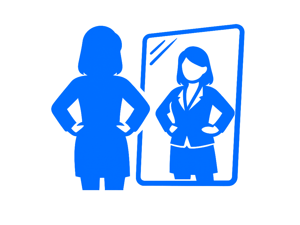 Silhouette of a woman looking at her reflection in a mirror, both figures shown in blue.