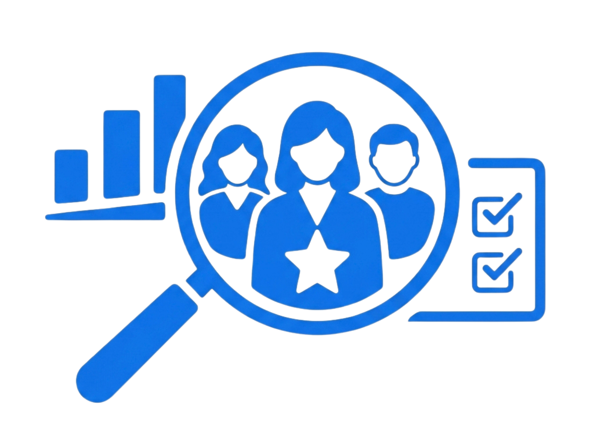 Blue outline of a magnifying glass focusing on a stack of papers with checkmarks, a bar chart, and a circular icon of three people inside a circle.
