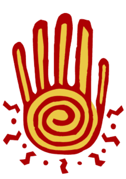 A stylized yellow hand with a spiral pattern in the center, outlined in red, with red lines and dots radiating outward.