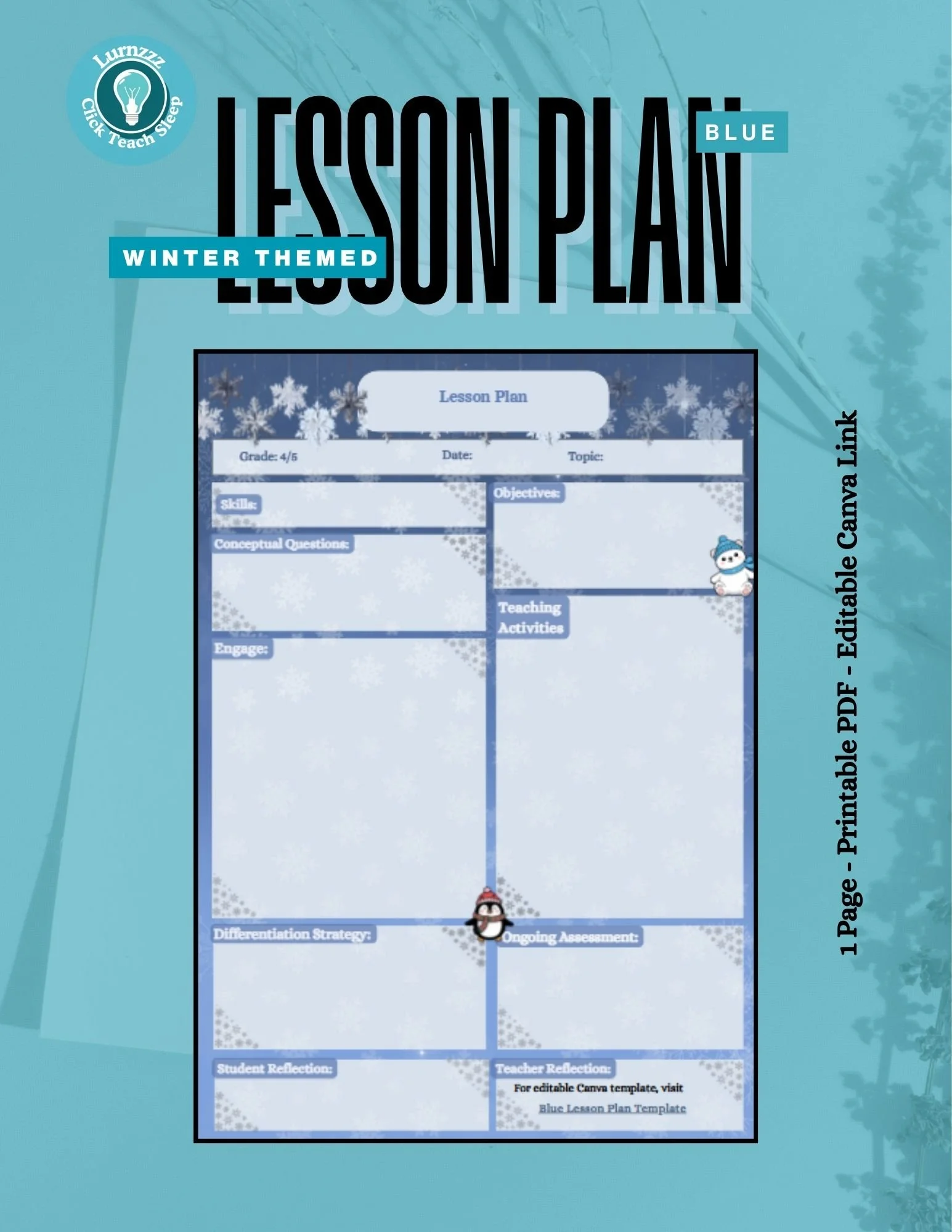 Blue Lesson Plan Template (Single Page - Winter Themed)