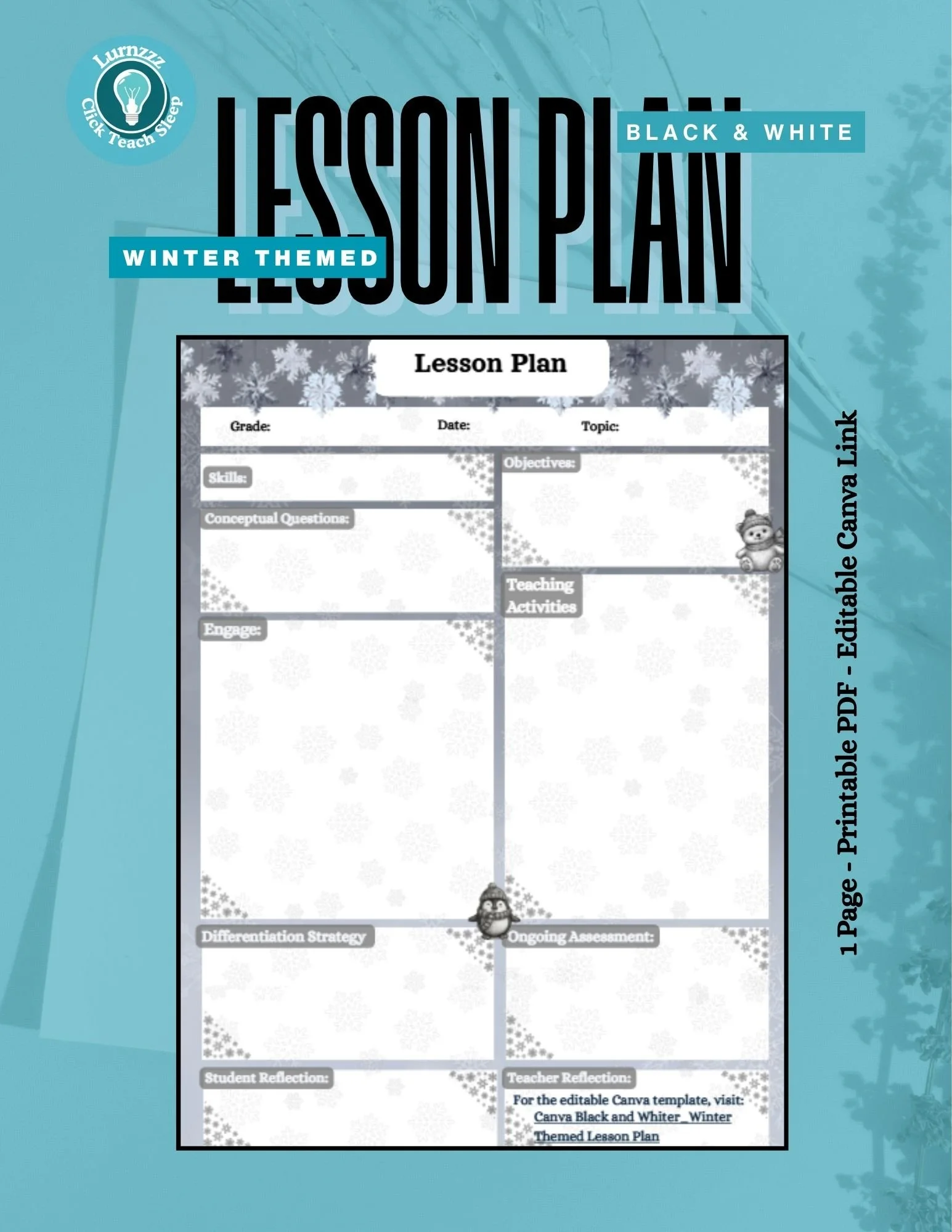 Black & White Printer-Friendly Lesson Plan Template (Single Page - Winter Themed)