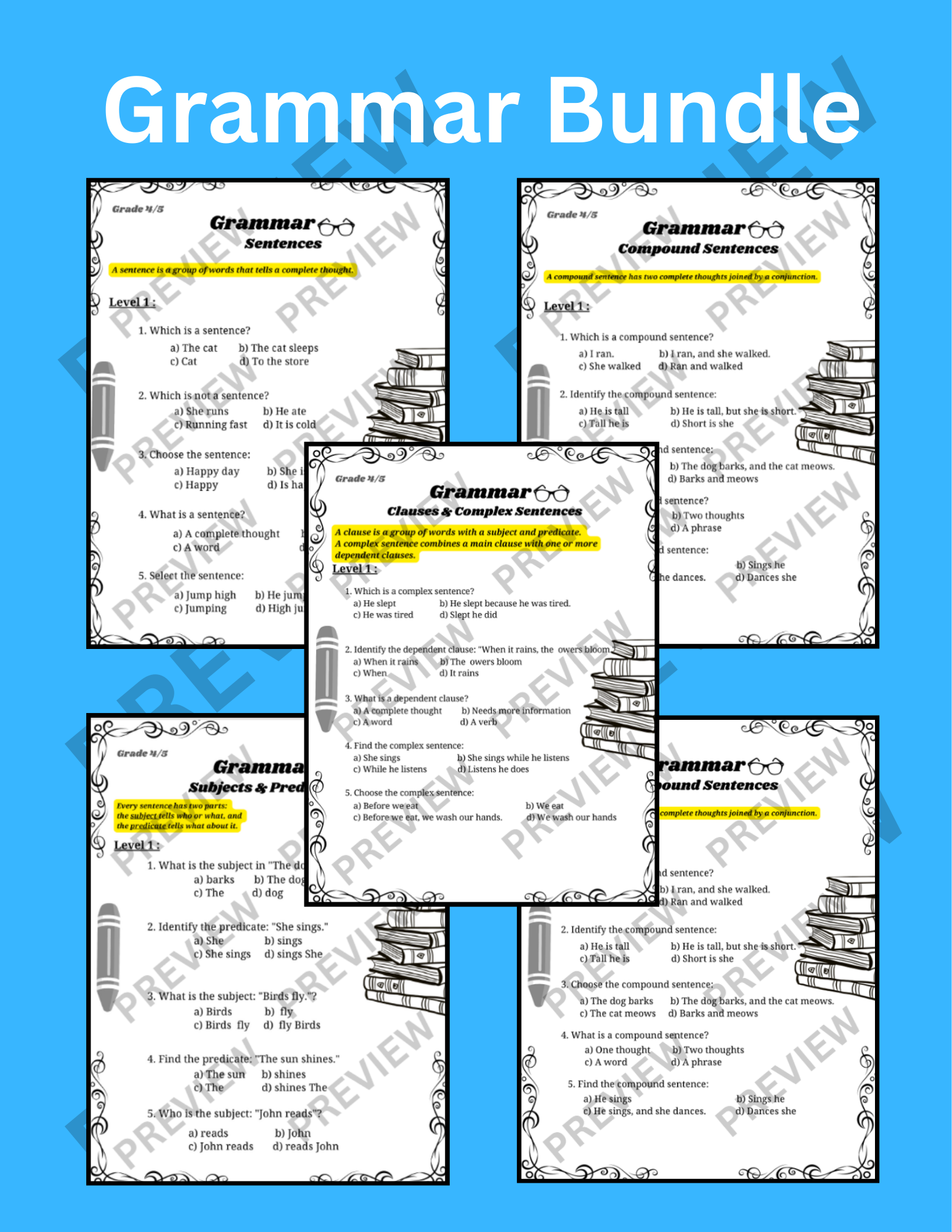 Complete Sentence Structure Pack - 5 Grammar Worksheets