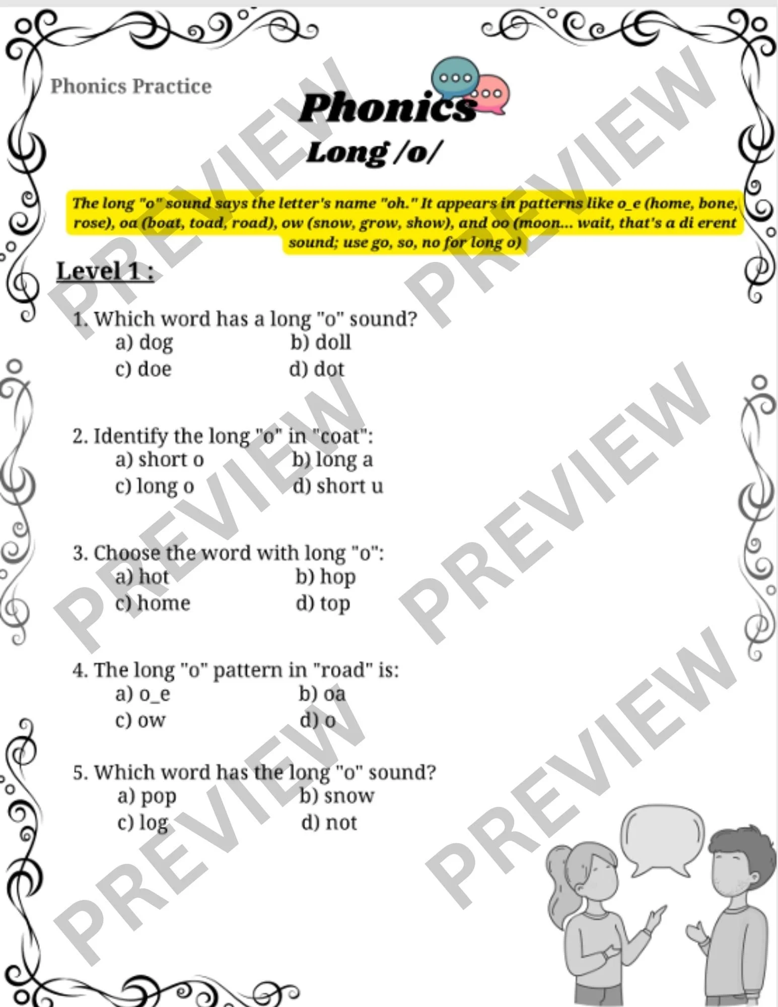 Long 'o' Phonics Worksheet - Spelling Practice