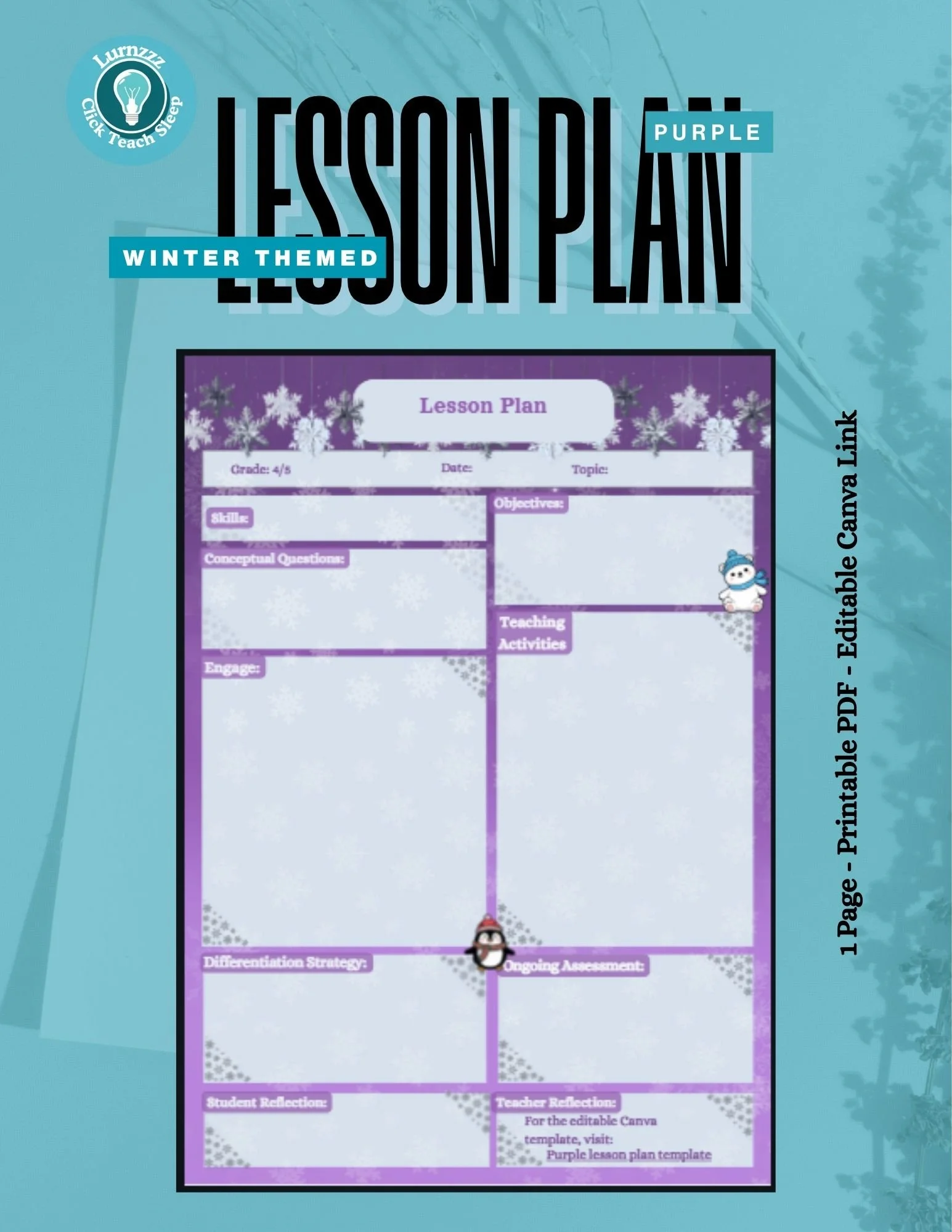Purple Lesson Plan Template (Single Page)- Winter Themed