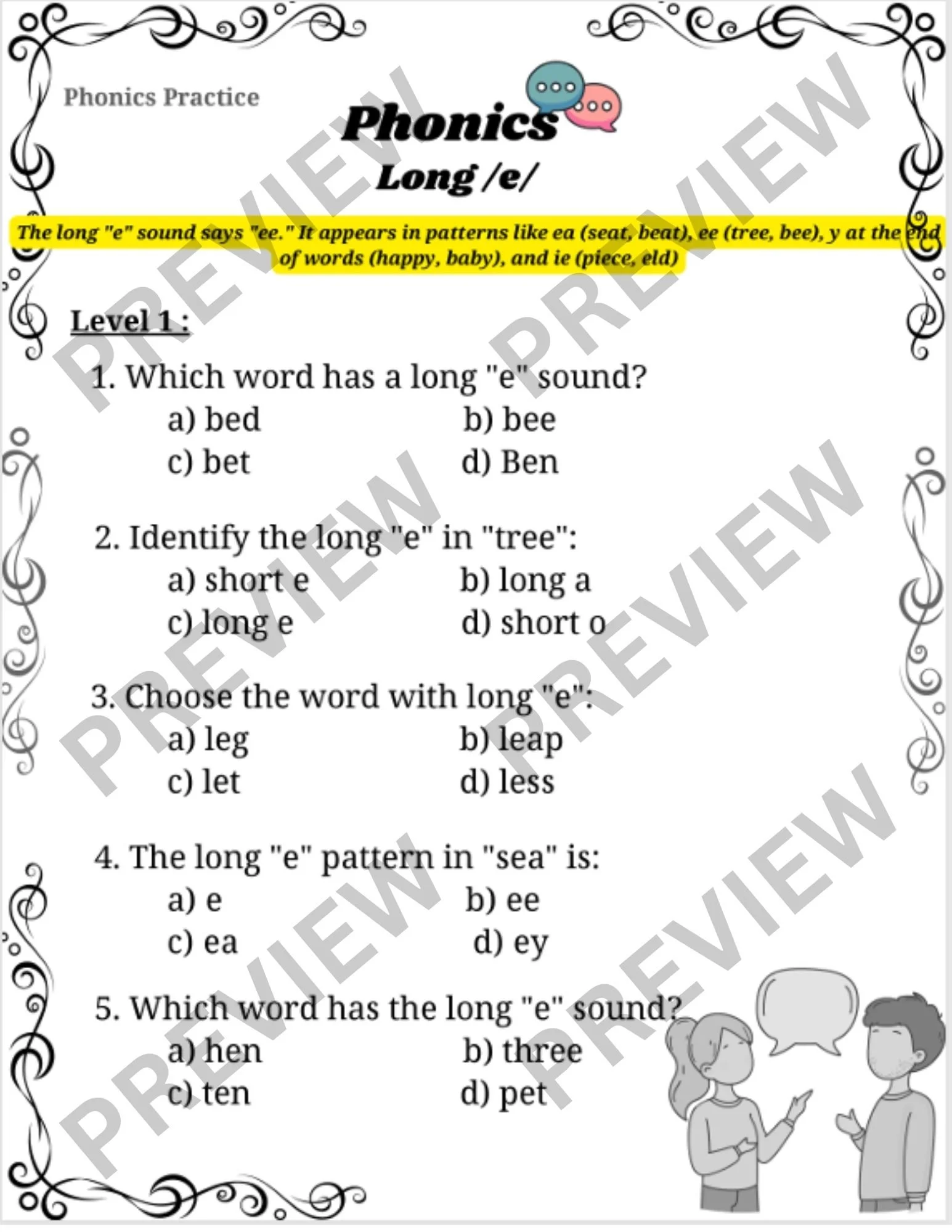 Long 'e' Phonics Worksheet - Spelling Practice