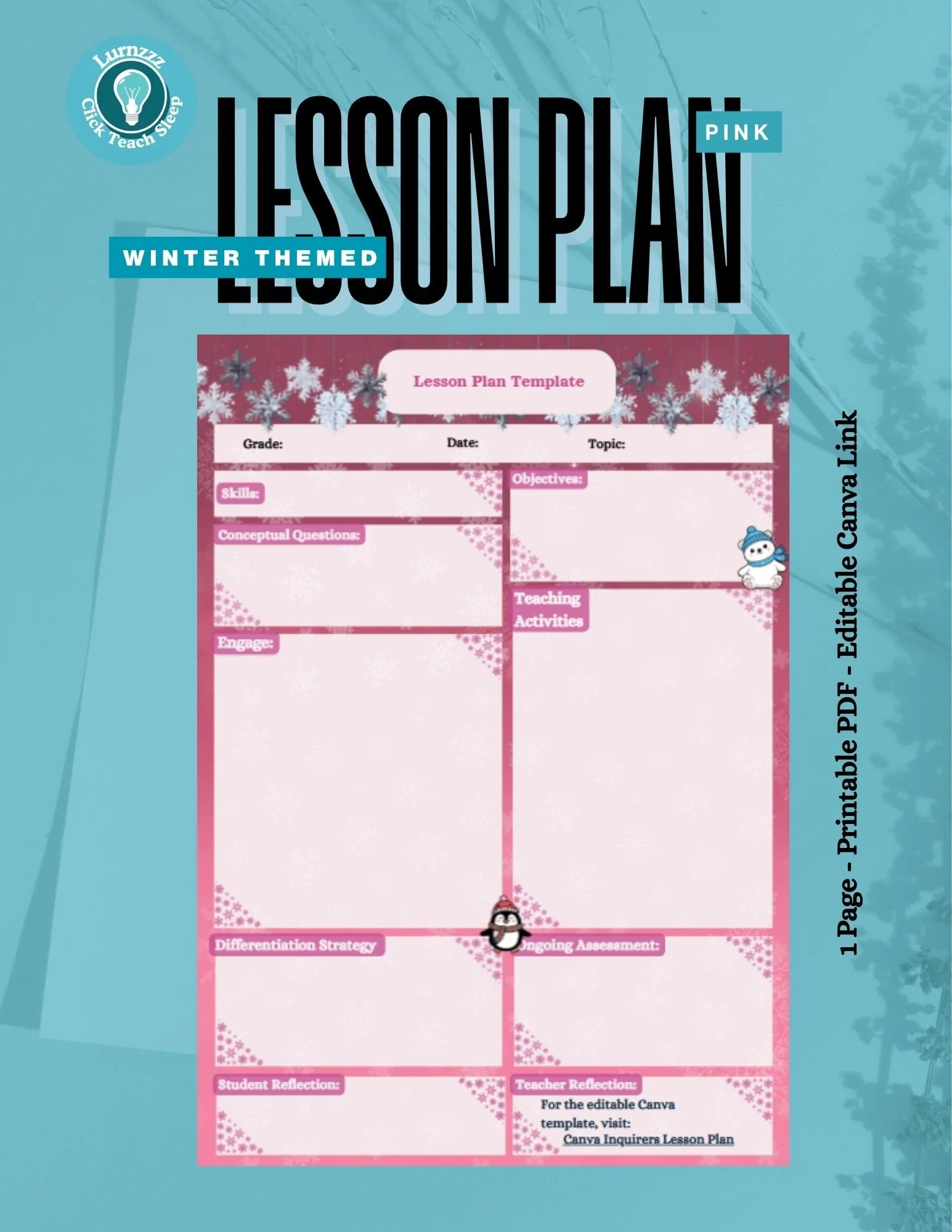 Pink Lesson Plan Template (Single Page)- Winter Themed