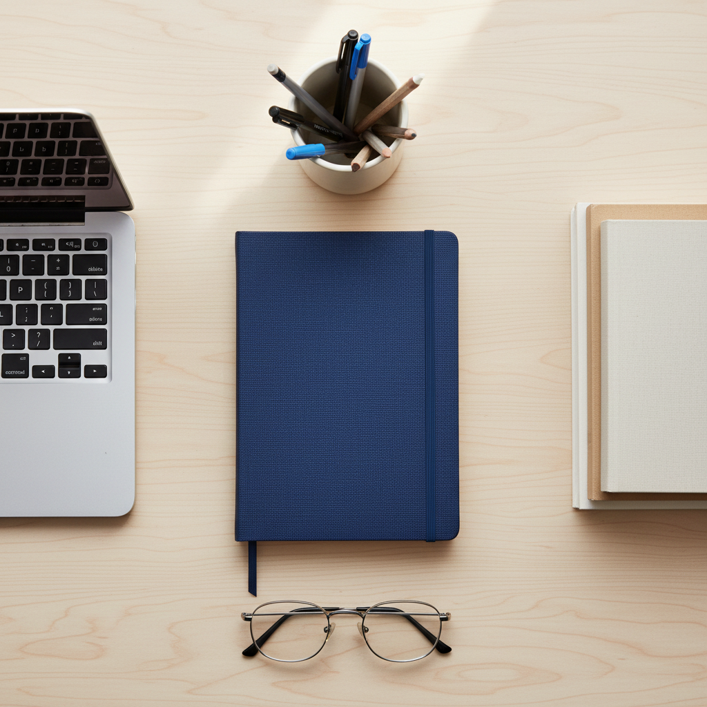 Top-down view of a wooden desk with a laptop, a blue notebook, a pair of glasses, a cup of pens, and additional books.