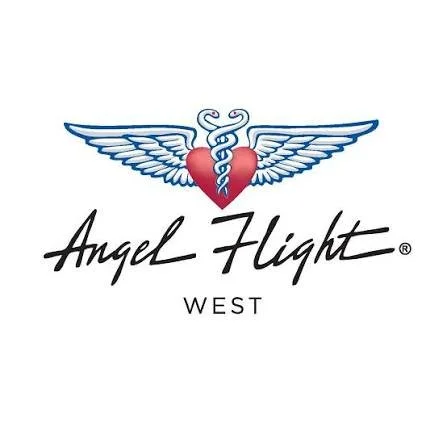 Logo for Angel Flight West featuring a red heart with angel wings and a Caduceus symbol, with the text 'Angel Flight West' below.