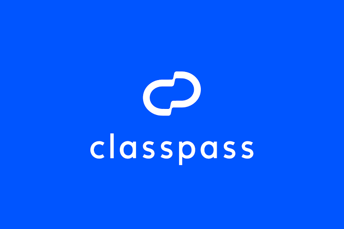 Blue background with a white chain link icon above the word 'classpass' in lowercase letters.