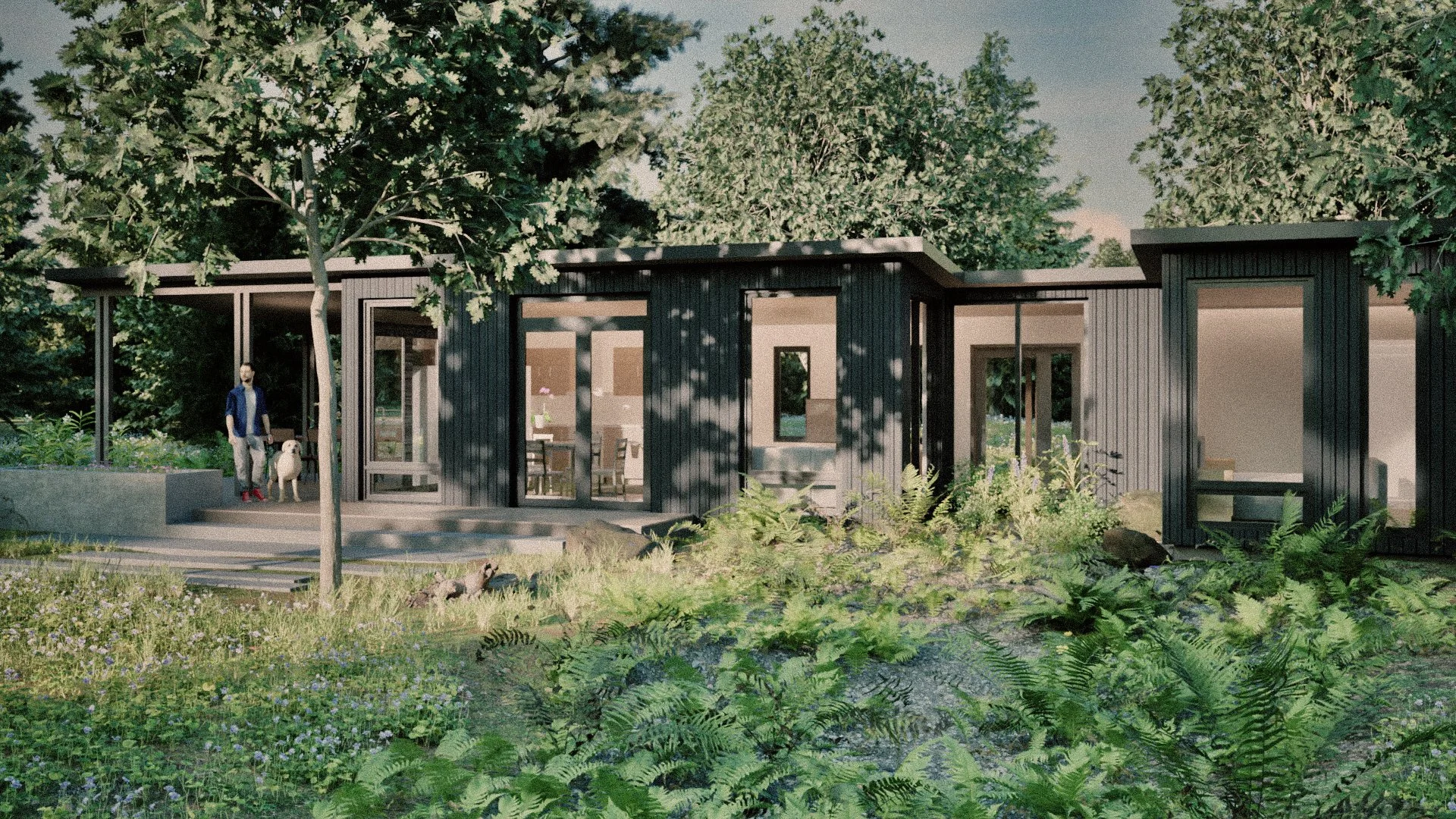A modern black house with large windows, surrounded by greenery and trees. A person with a dog is standing on the porch, and the house interior is visible through the windows.