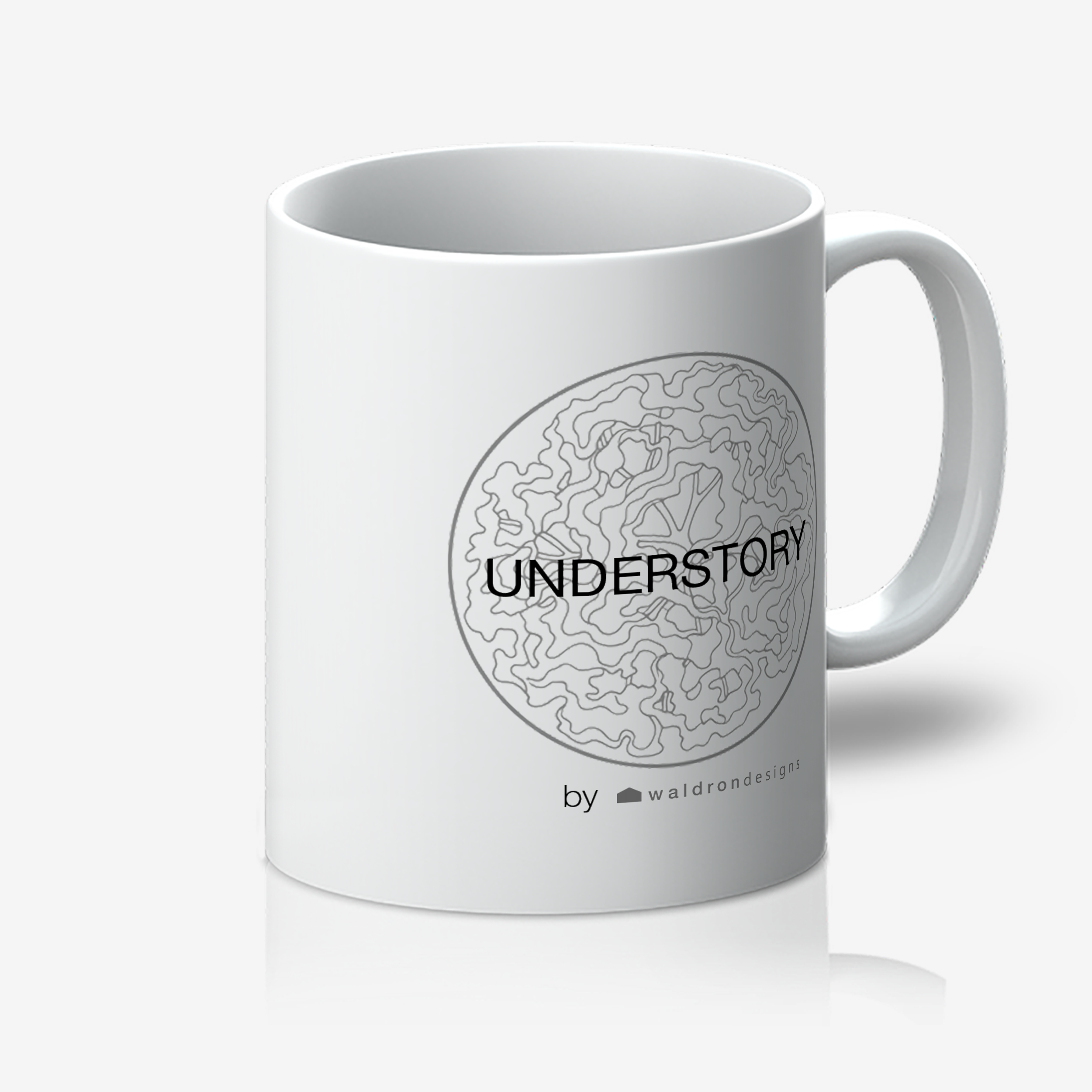 White ceramic mug with a brain illustration and the text "UNDERSTORY" on it, viewed from a slight angle against a plain background.