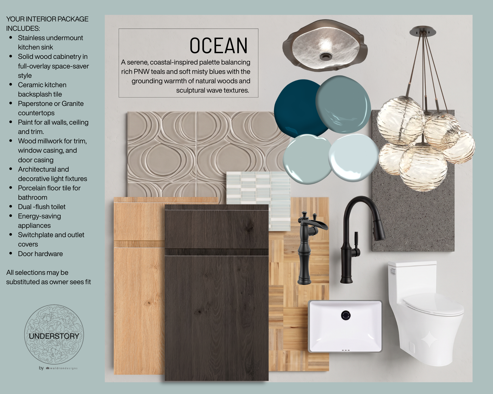 Interior design palette with ocean-inspired bedroom and bathroom elements, including textured ceramic backsplash tile, wood cabinetry, pendant lighting, black fixtures, and a white toilet.
